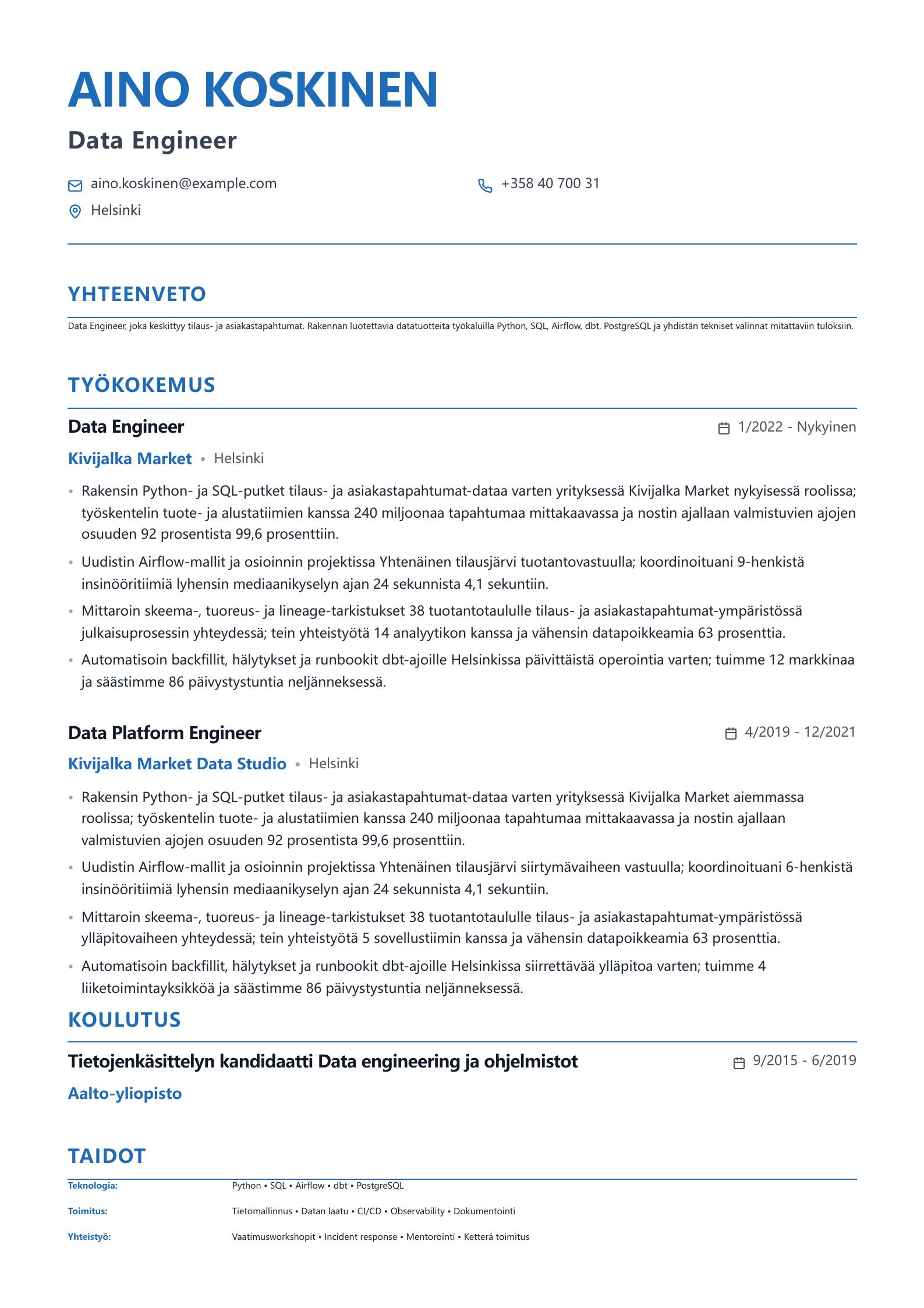 Data Engineer -ansioluetteloesimerkki esikatselu
