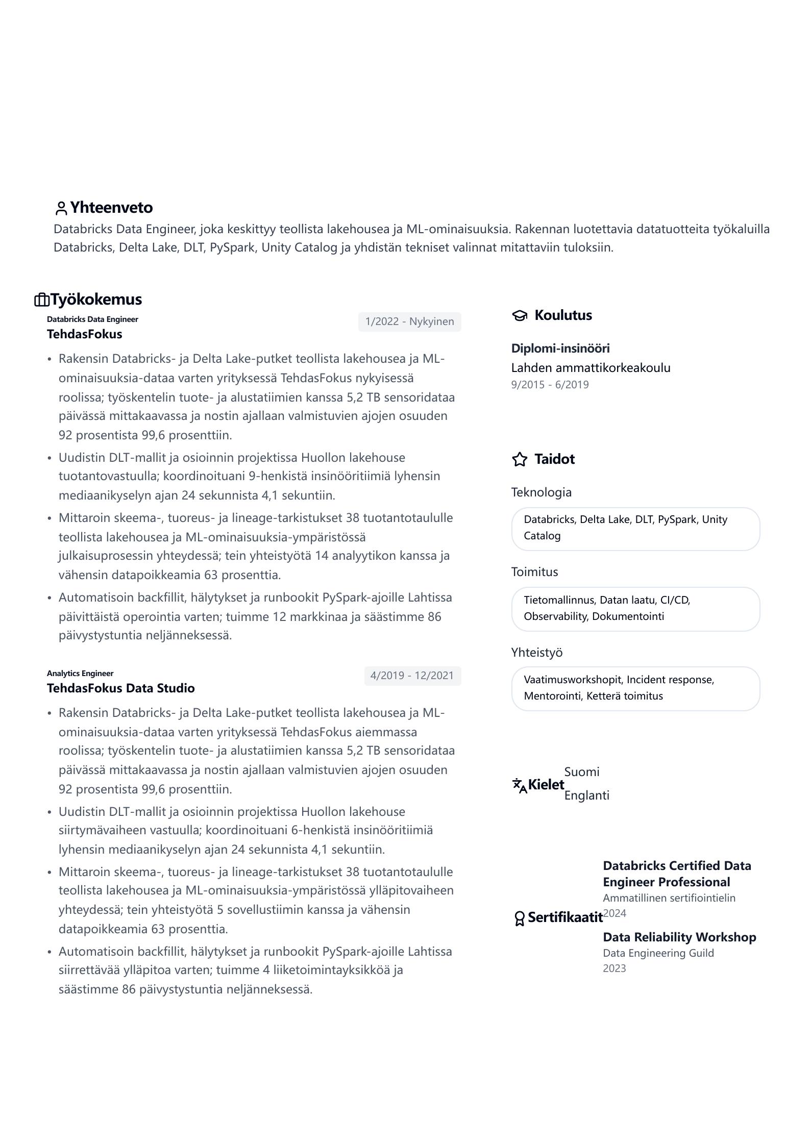 Databricks Data Engineer -ansioluetteloesimerkki esikatselu