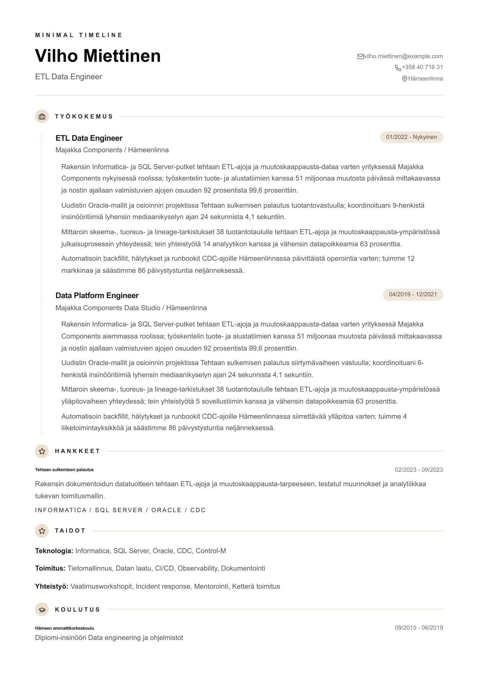 ETL Data Engineer -ansioluetteloesimerkki esikatselu