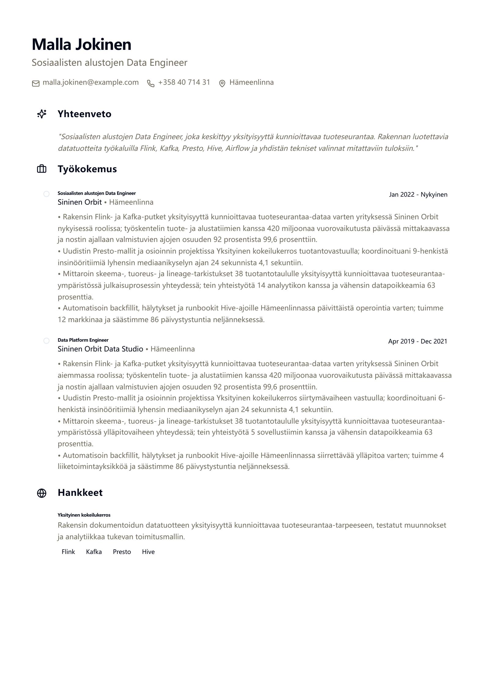 Facebook Data Engineer -ansioluetteloesimerkki esikatselu
