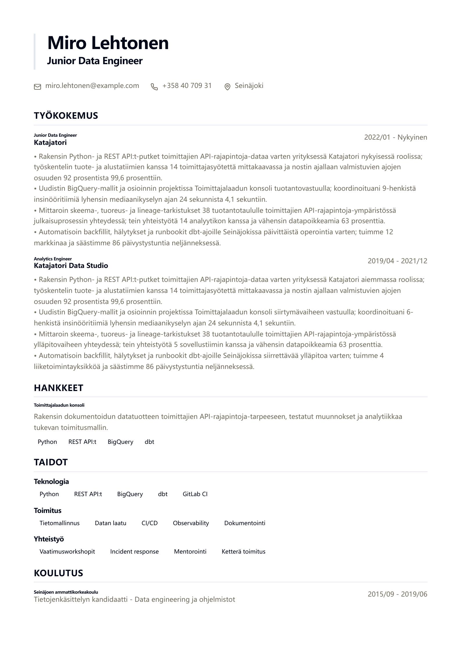 Junior Data Engineer -ansioluetteloesimerkki esikatselu