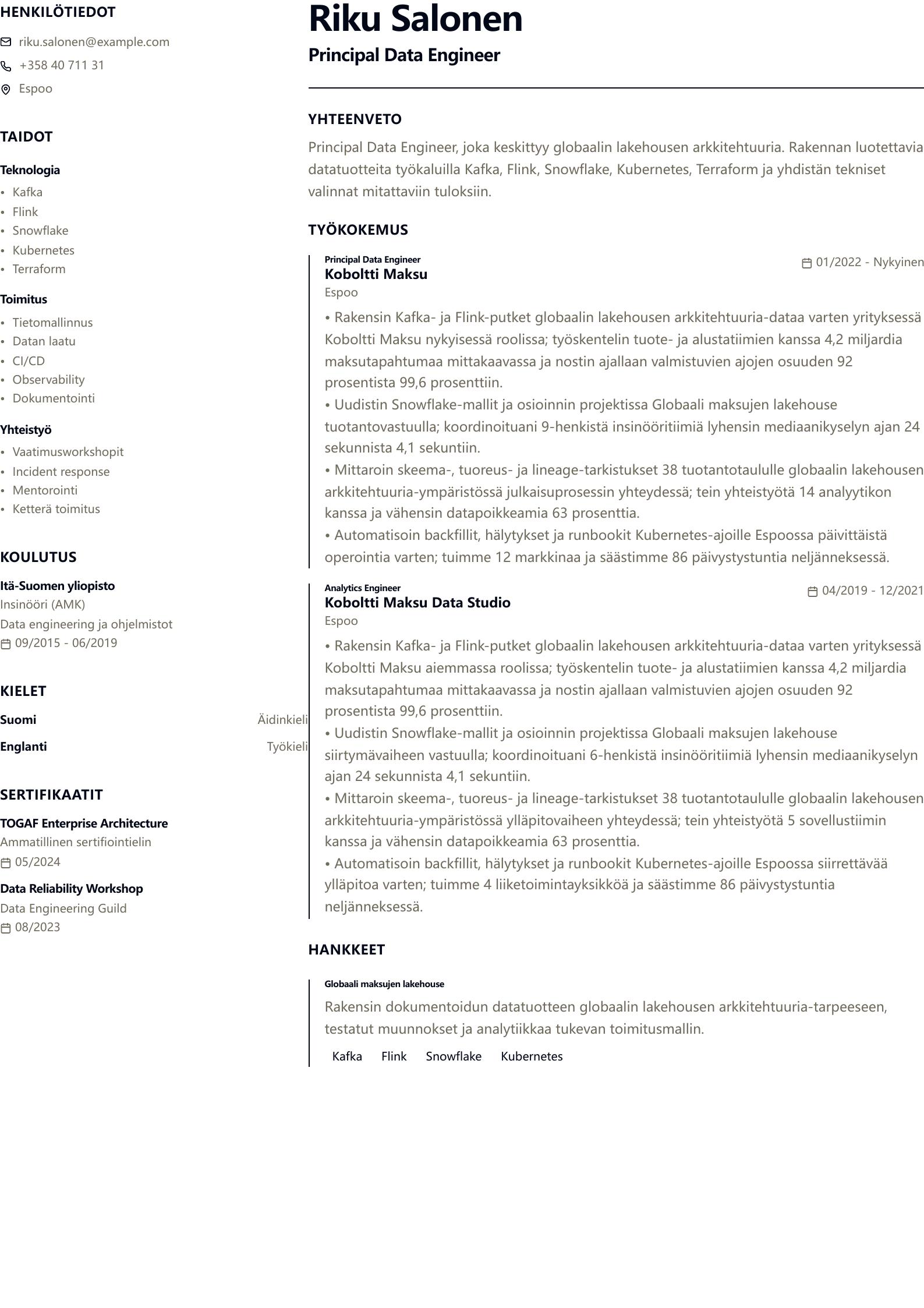 Principal Data Engineer -ansioluetteloesimerkki esikatselu