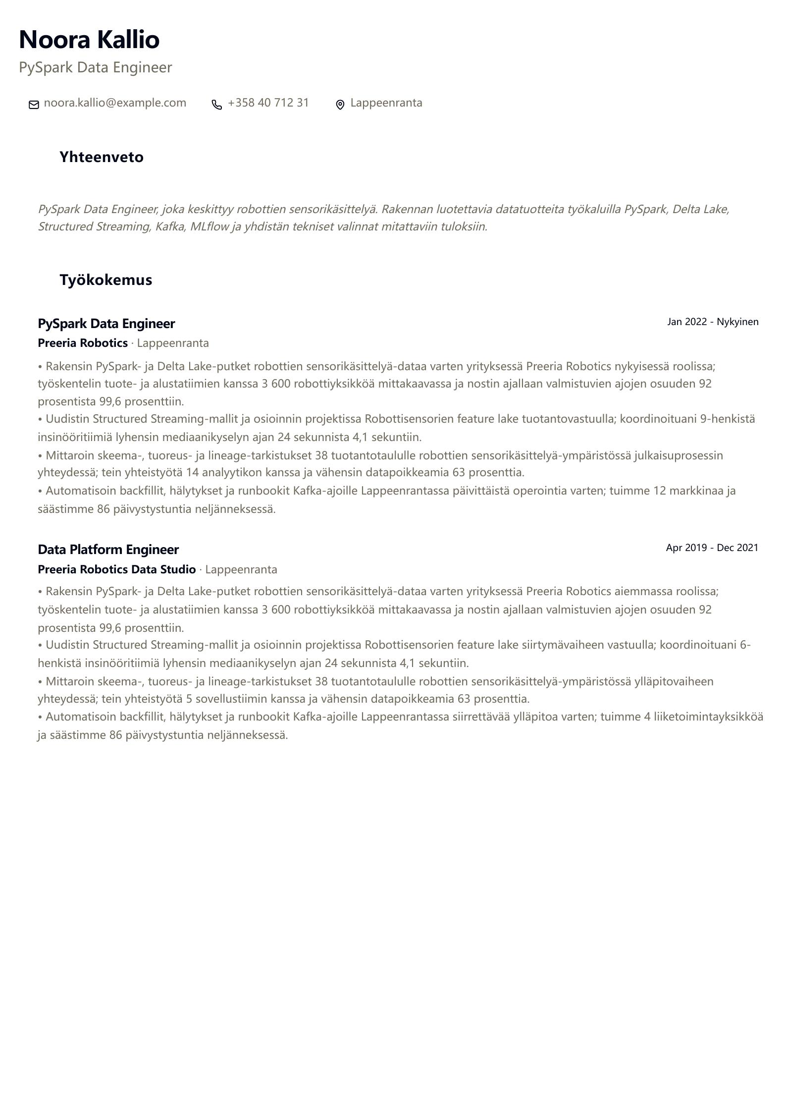 PySpark Data Engineer -ansioluetteloesimerkki esikatselu