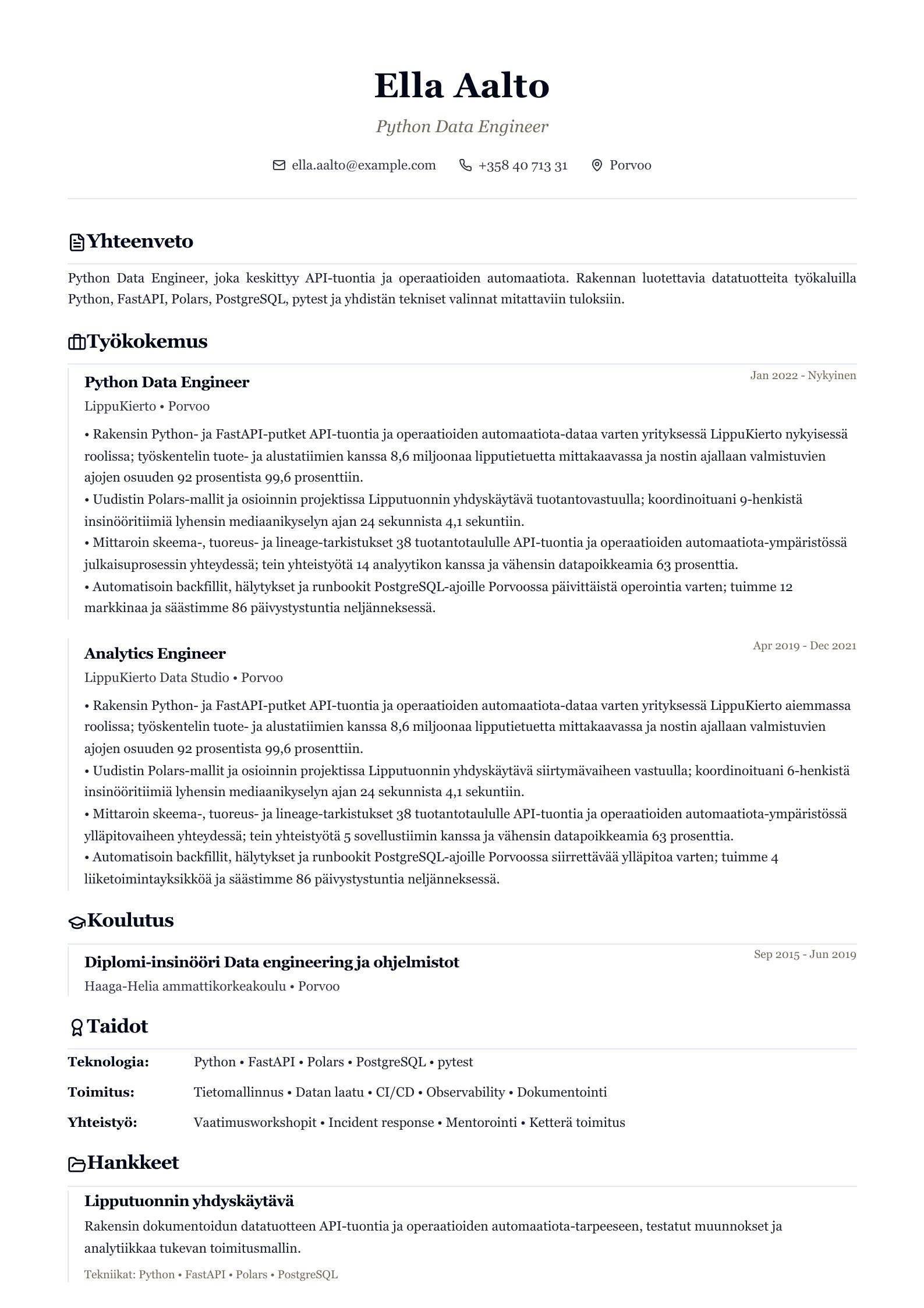 Python Data Engineer -ansioluetteloesimerkki esikatselu