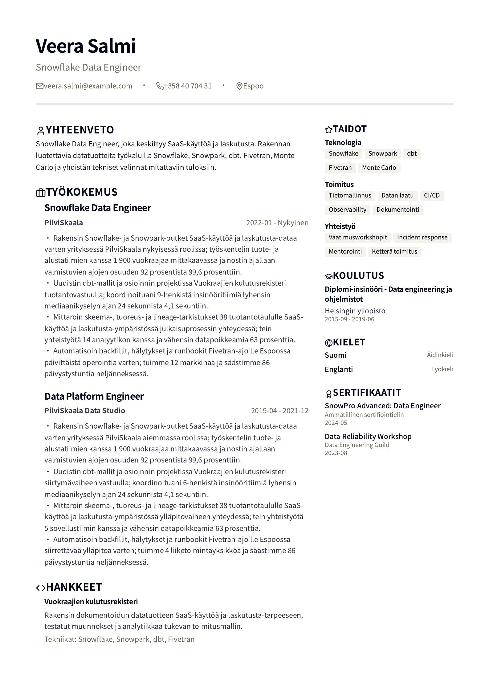 Snowflake Data Engineer -ansioluetteloesimerkki esikatselu