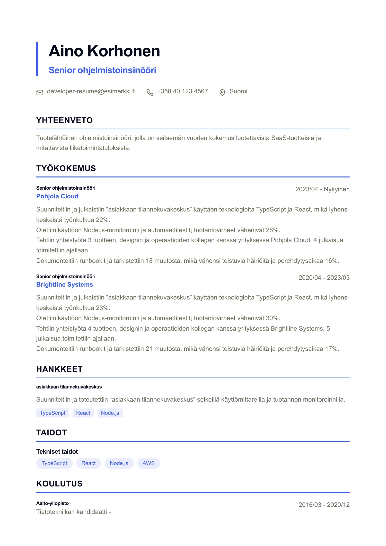 Esikatselu: Ohjelmistoinsinöörien CV:t PDF-latauksella ja online-muokkauksella