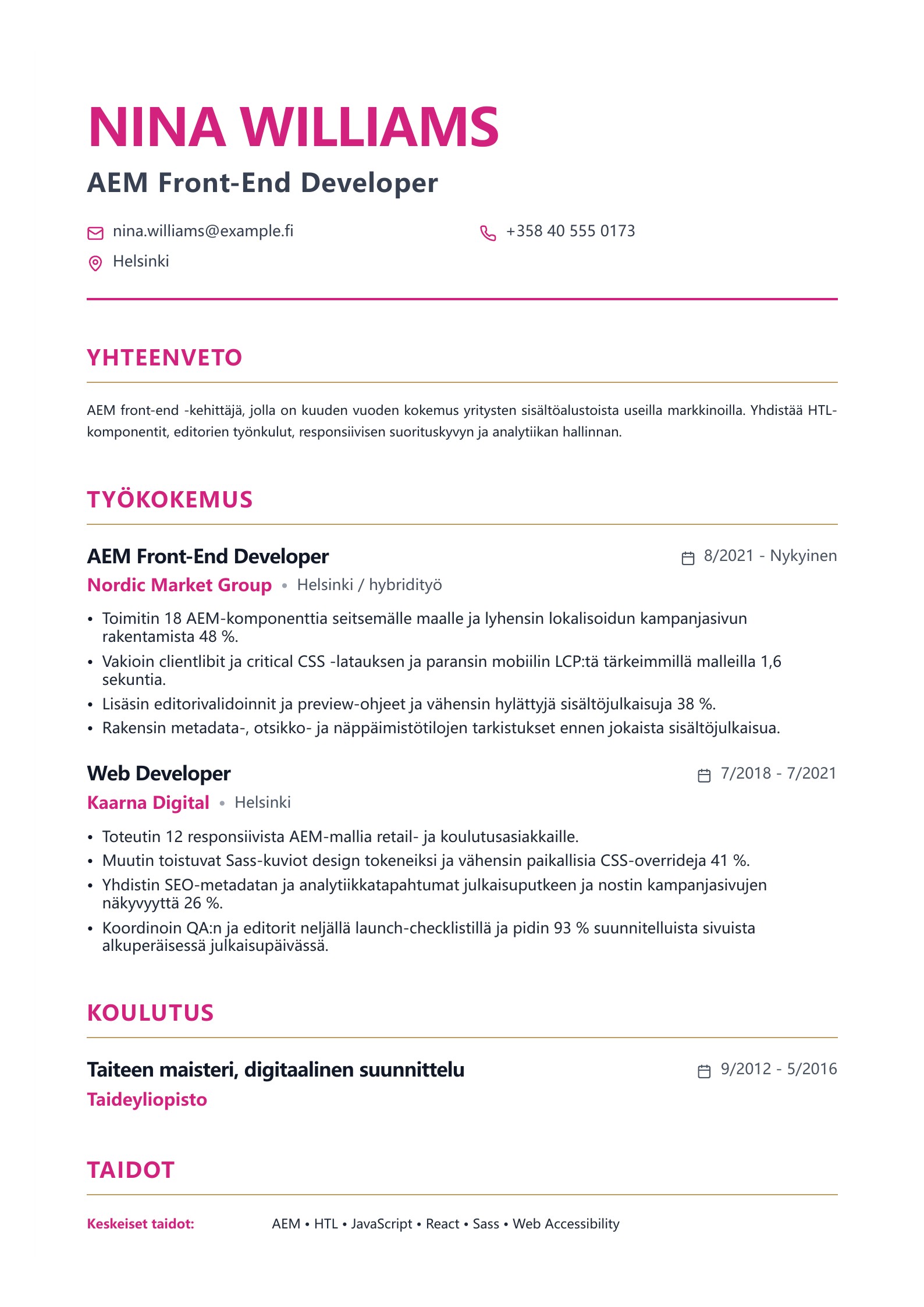 Esikatselu: Suomalaiset front-end-kehittäjän CV-esimerkit PDF-latauksella ja oppaalla