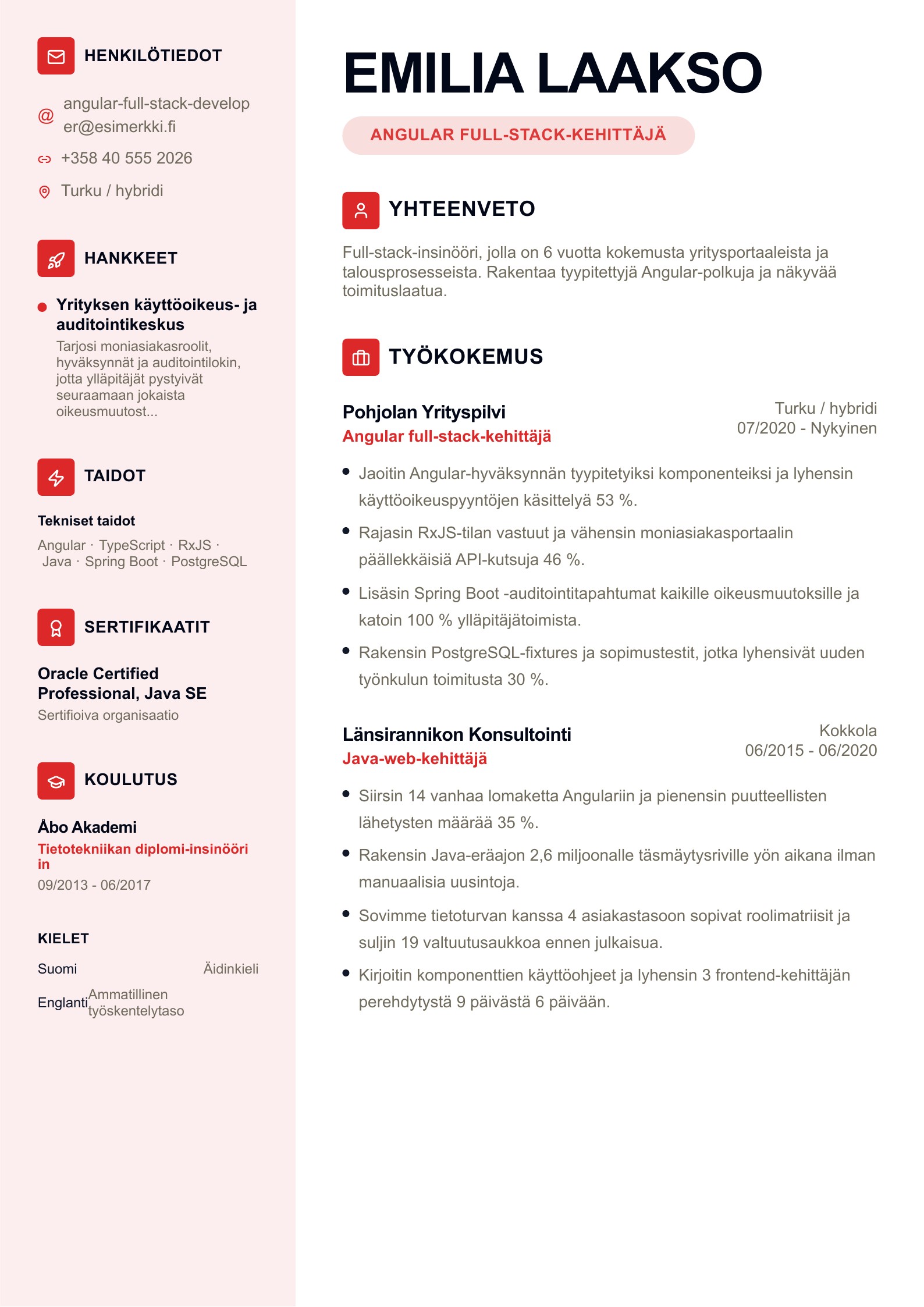 Esikatselu: Full-stack-kehittäjän CV-esimerkit ilmaisilla PDF-latauksilla