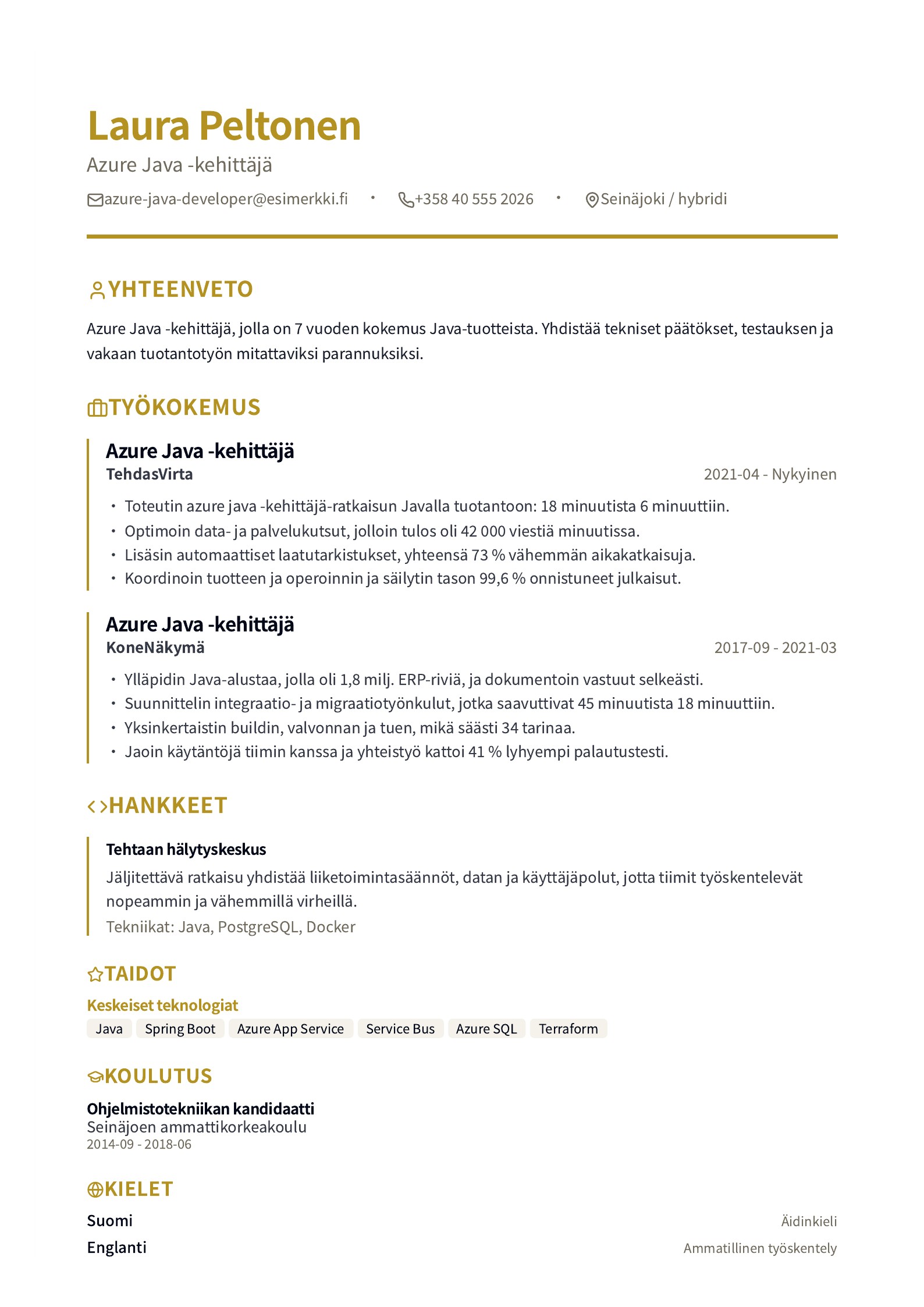 Azure Java -kehittäjä CV - suomalainen esimerkki