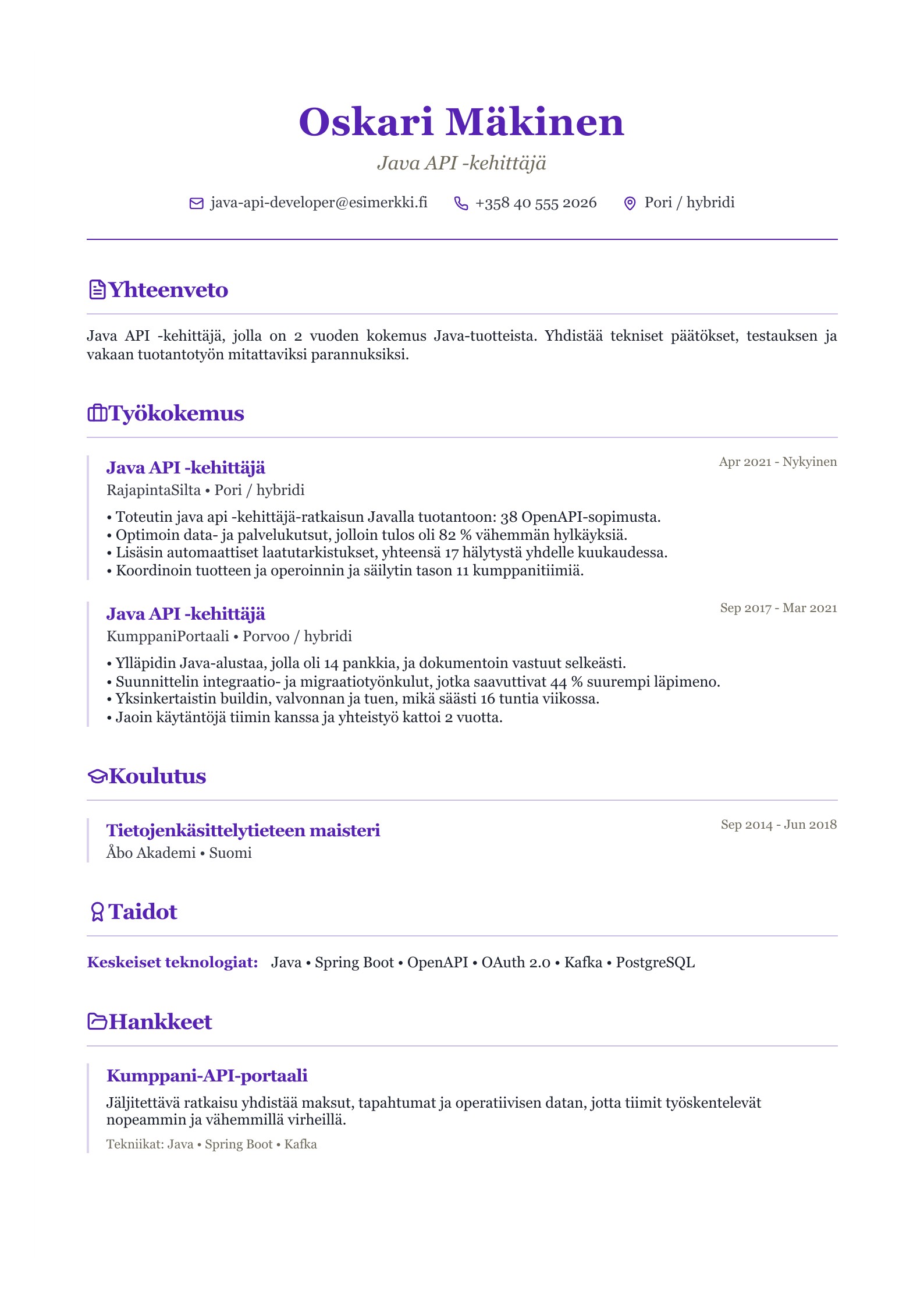 Java API -kehittäjä CV - suomalainen esimerkki