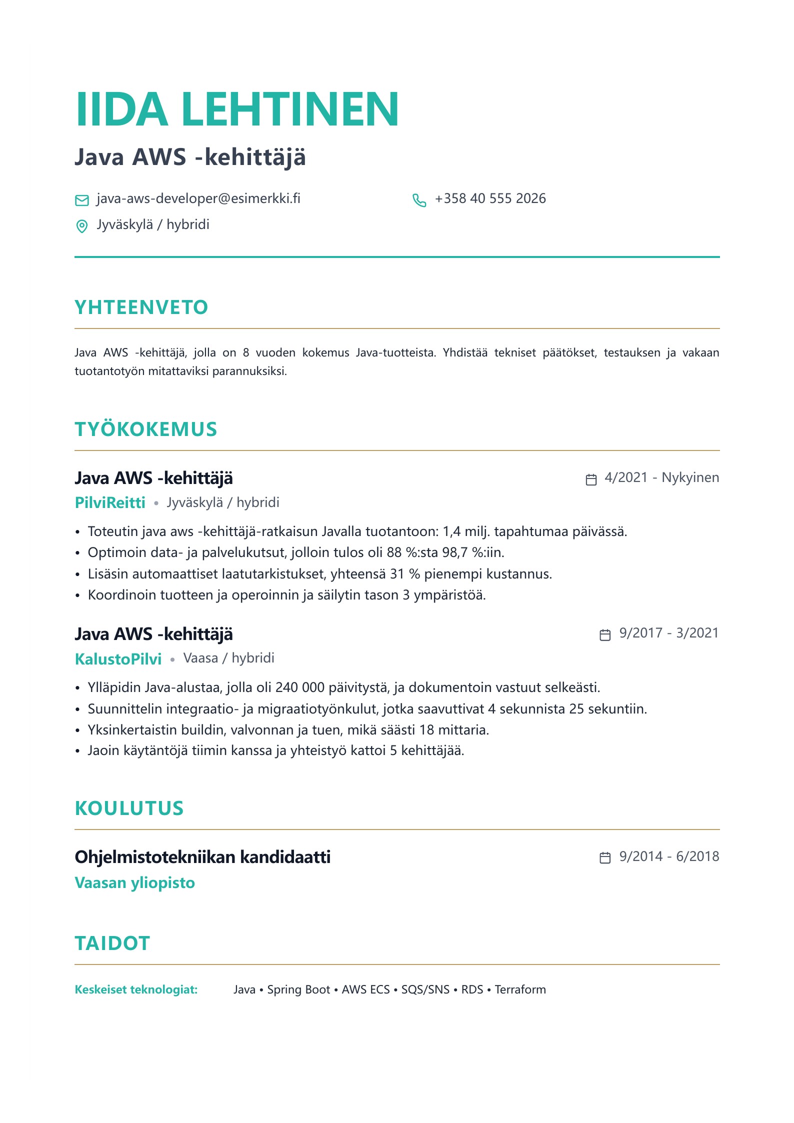 Java AWS -kehittäjä CV - suomalainen esimerkki
