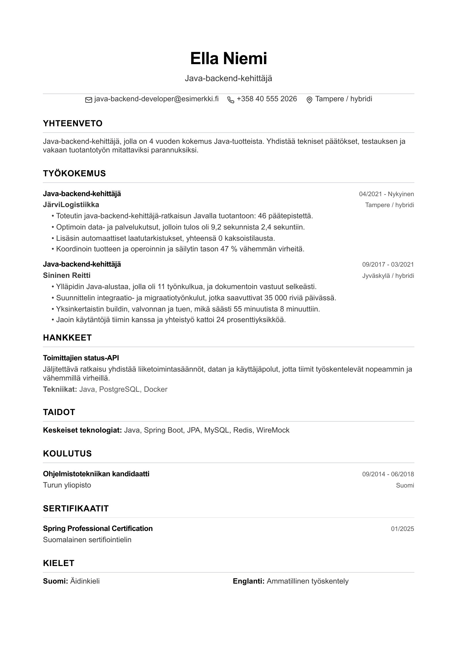 Java-backend-kehittäjä CV - suomalainen esimerkki