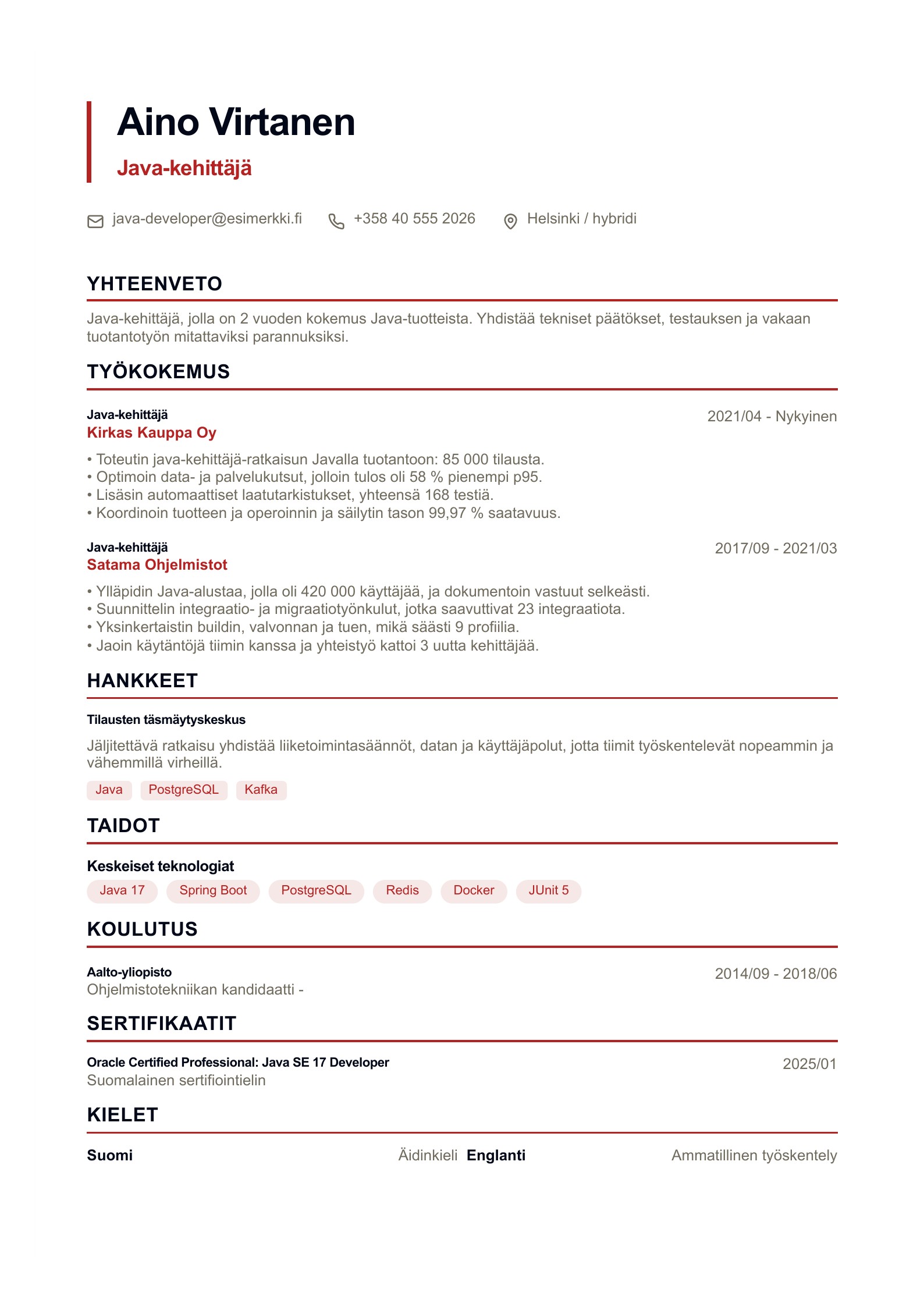 Java-kehittäjä CV - suomalainen esimerkki