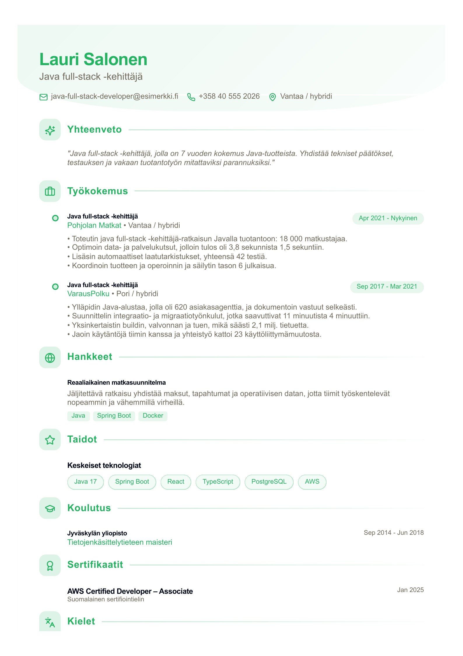 Java full-stack -kehittäjä CV - suomalainen esimerkki