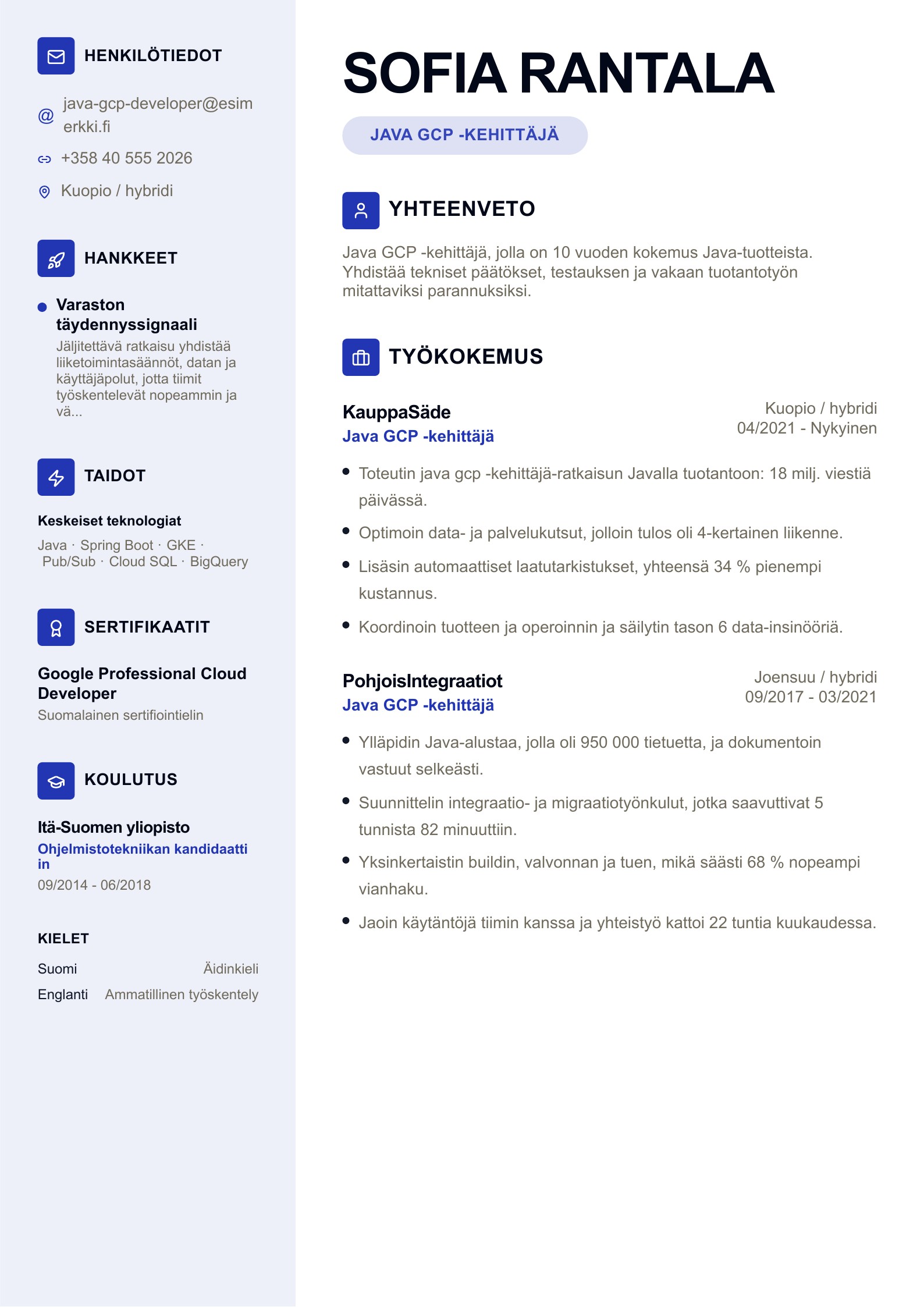 Java GCP -kehittäjä CV - suomalainen esimerkki