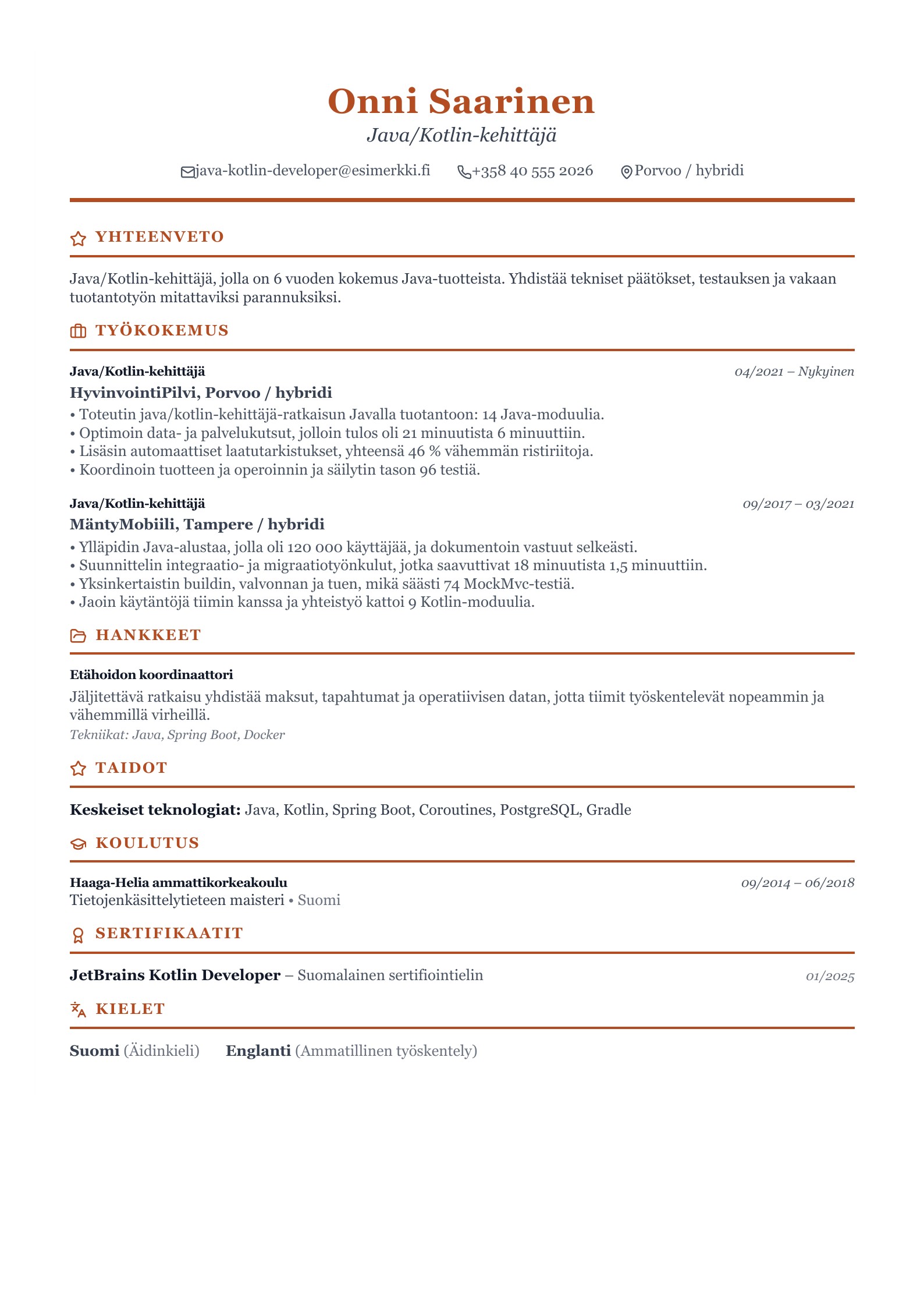 Java/Kotlin-kehittäjä CV - suomalainen esimerkki