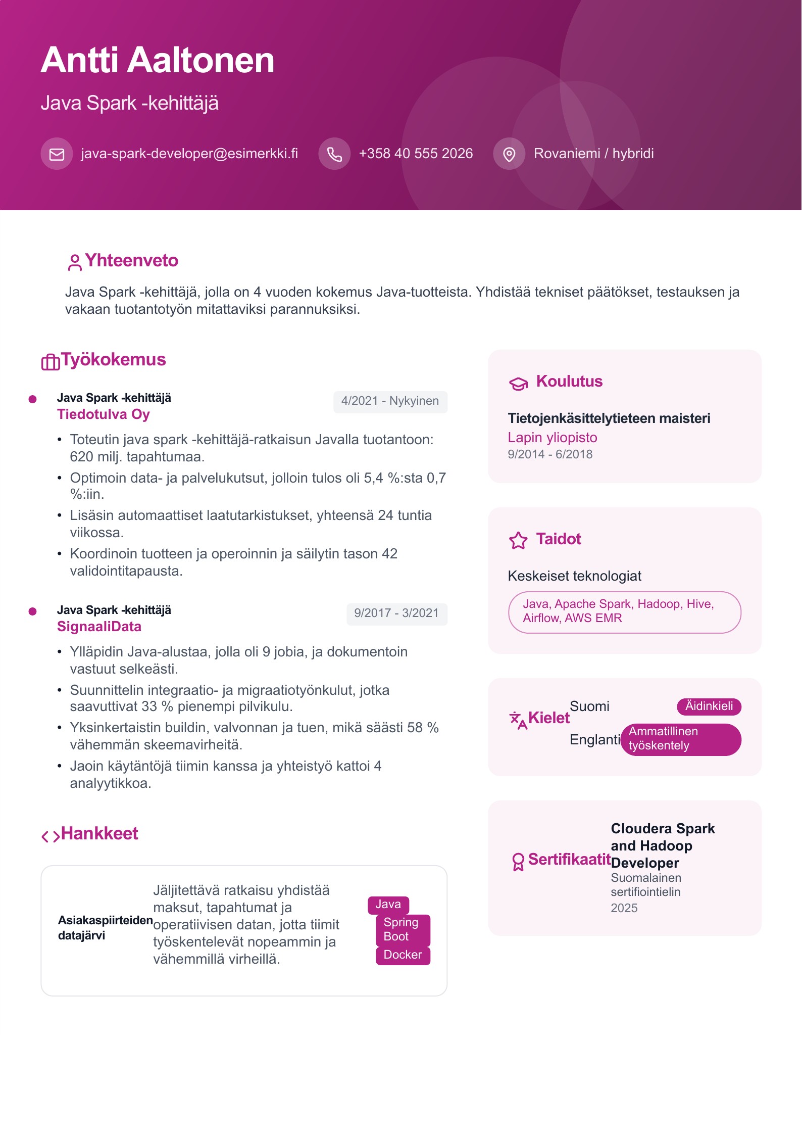Java Spark -kehittäjä CV - suomalainen esimerkki