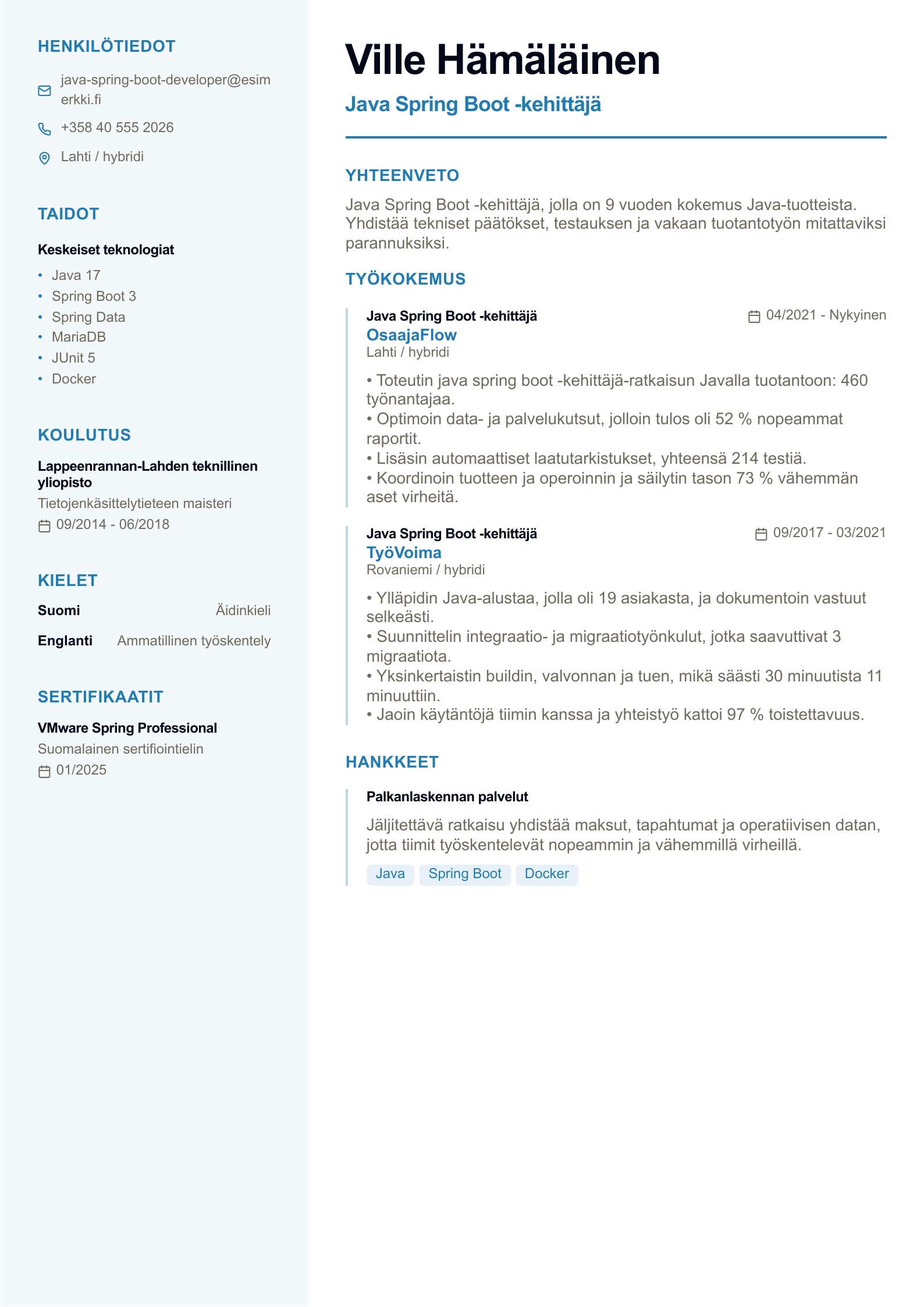Java Spring Boot -kehittäjä CV - suomalainen esimerkki