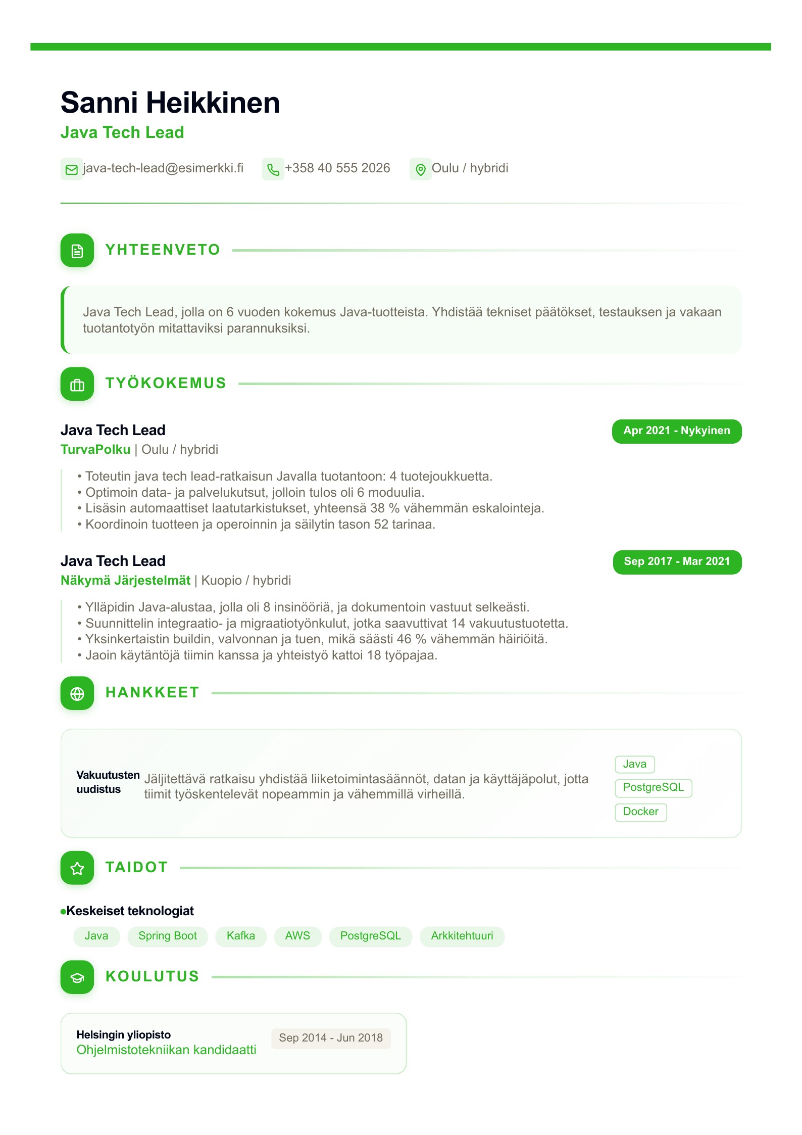 Java Tech Lead CV - suomalainen esimerkki