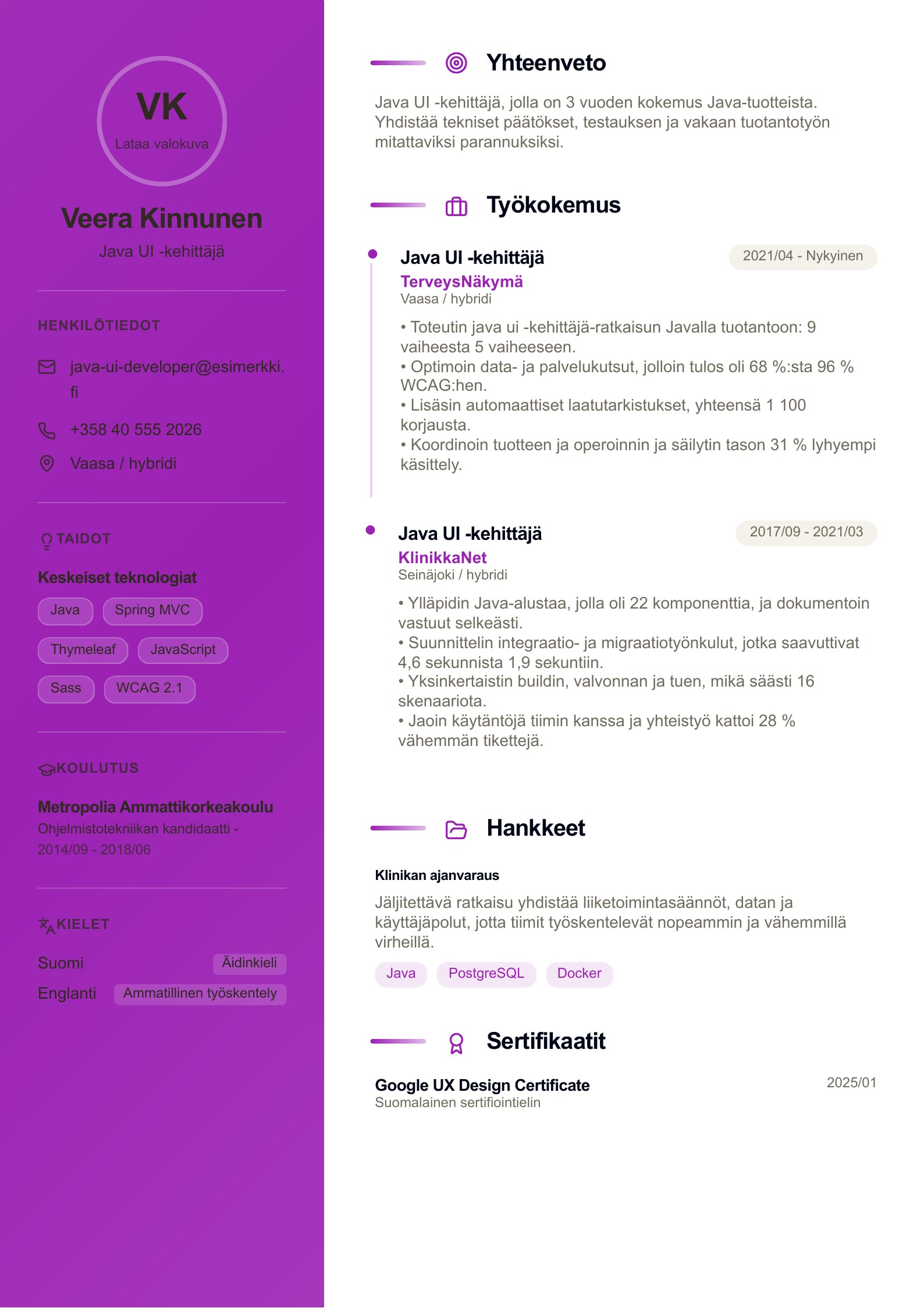 Java UI -kehittäjä CV - suomalainen esimerkki