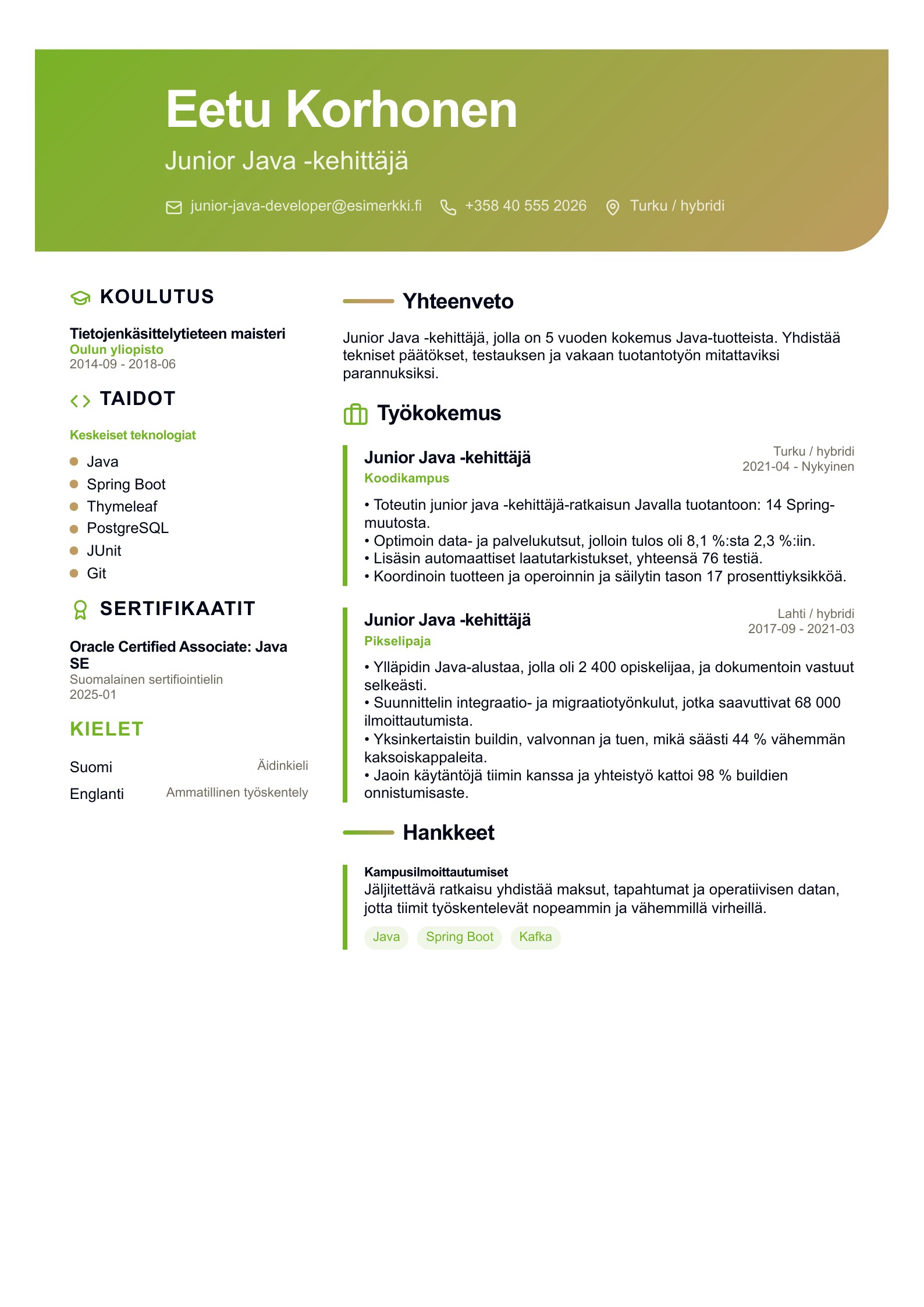 Junior Java -kehittäjä CV - suomalainen esimerkki
