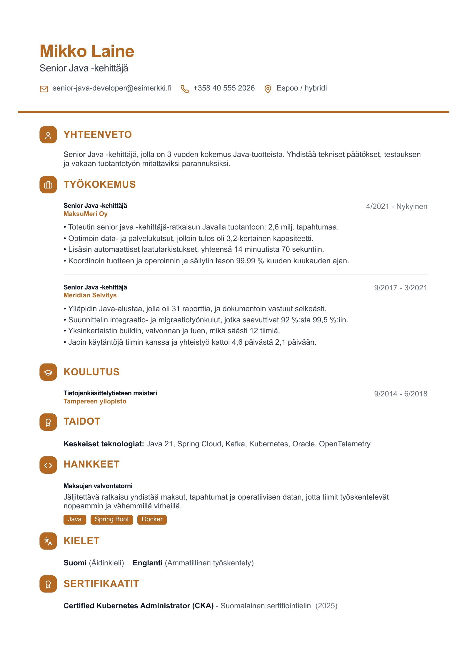 Senior Java -kehittäjä CV - suomalainen esimerkki