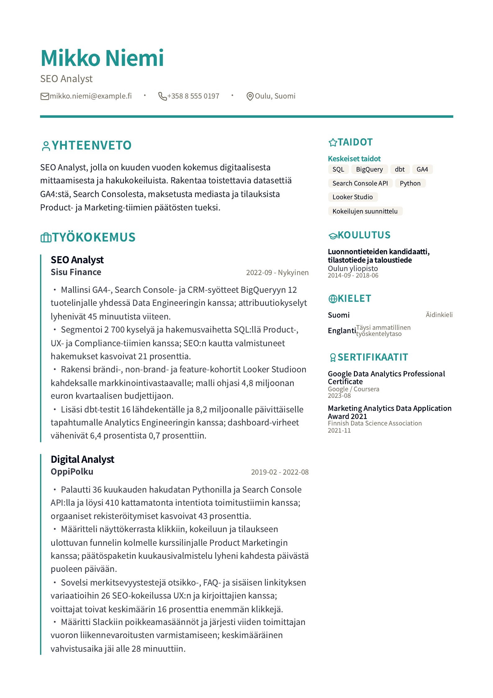 Esikatselu: SEO-CV-esimerkit ja ilmaiset PDF-pohjat