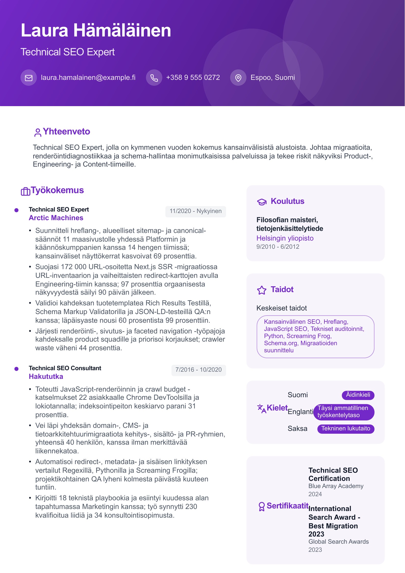 SEO Expert -ansioluettelo - suomalainen esimerkki