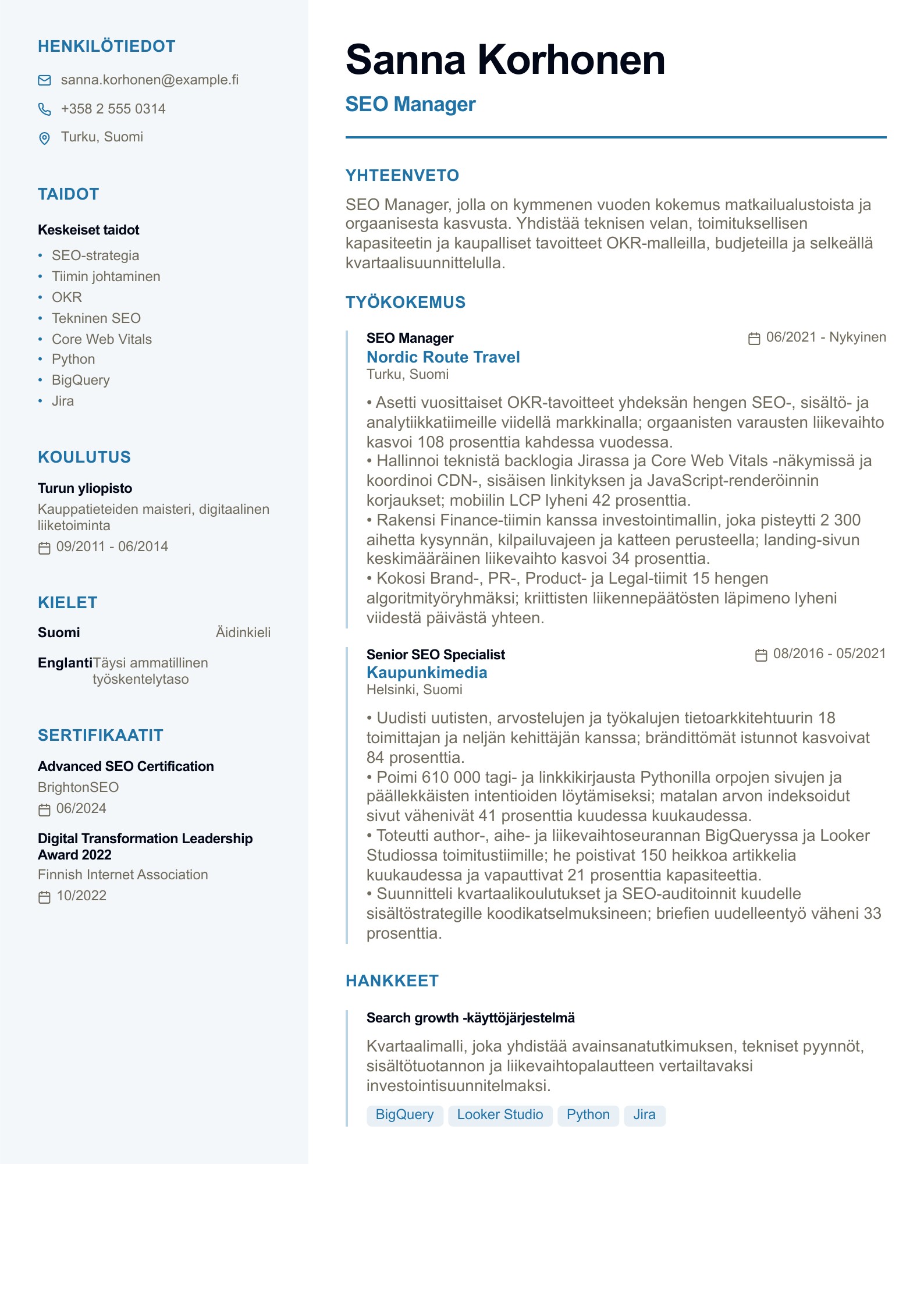 SEO Manager -ansioluettelo - suomalainen esimerkki