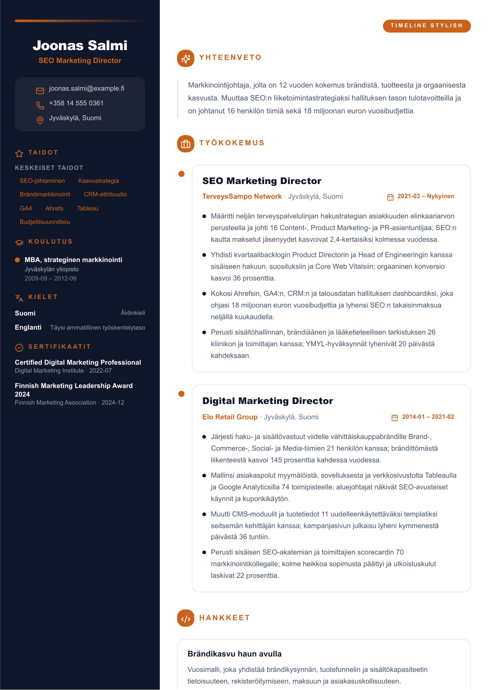 SEO Marketing Director -ansioluettelo - suomalainen esimerkki