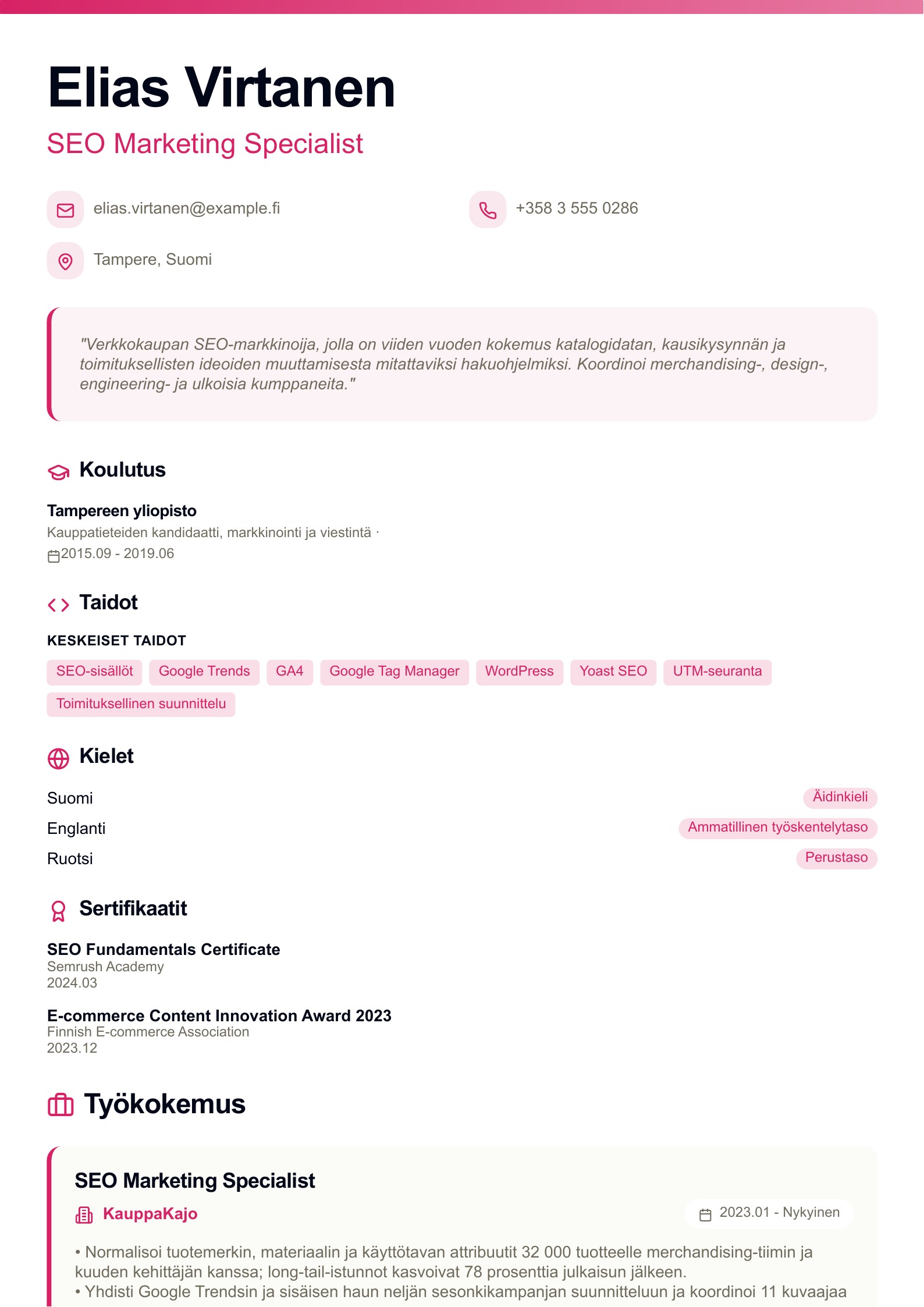 SEO Marketing Specialist -ansioluettelo - suomalainen esimerkki