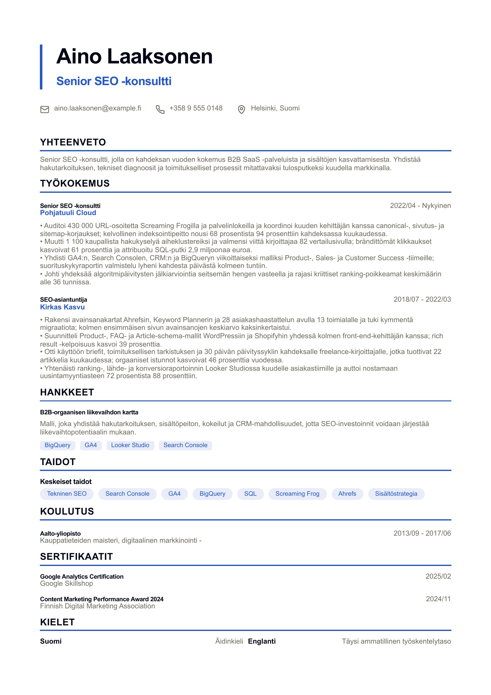 SEO-ansioluettelo - suomalainen esimerkki
