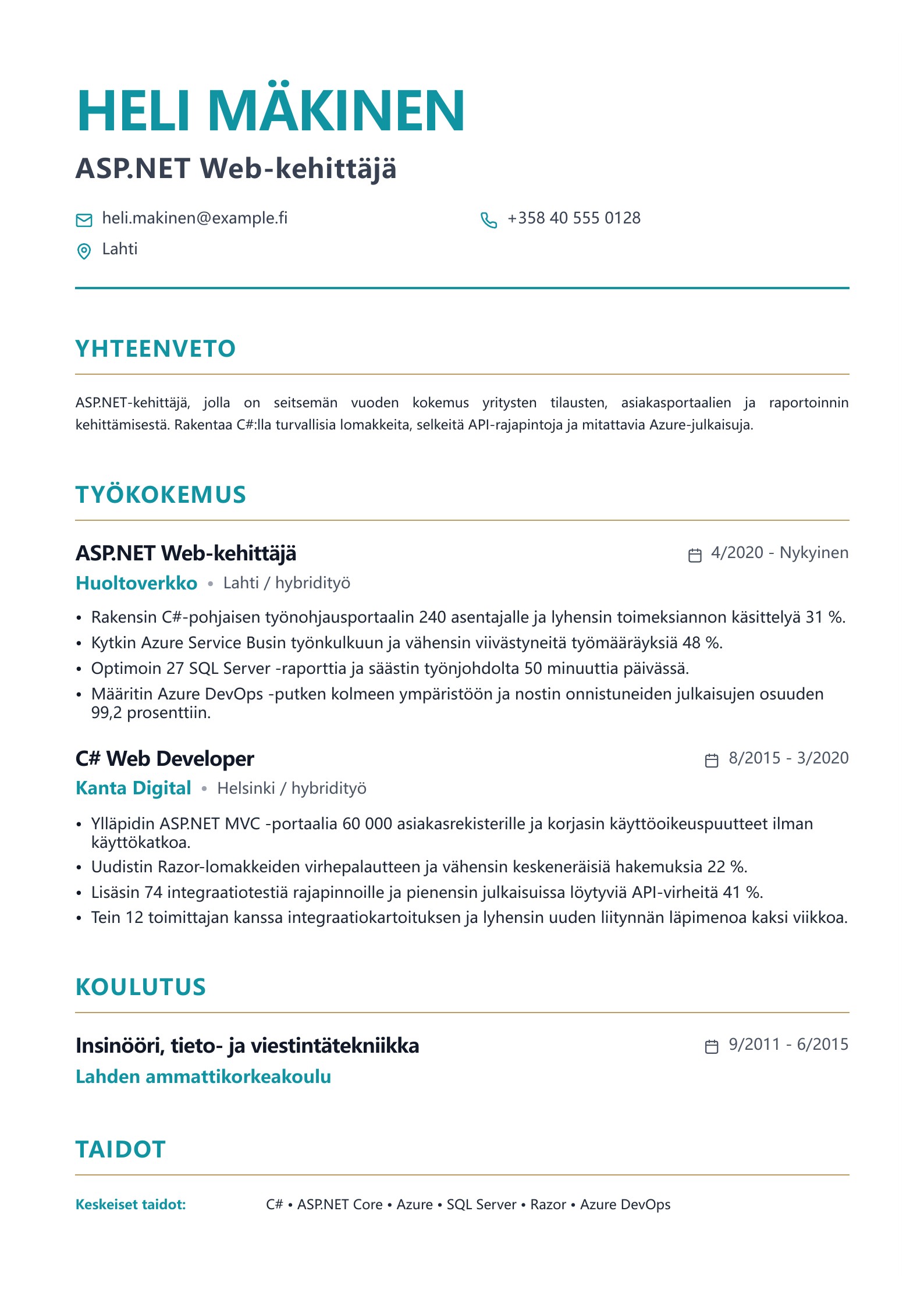Esikatselu: Suomalaiset Web-kehittäjän CV-esimerkit PDF-latauksella ja oppaalla