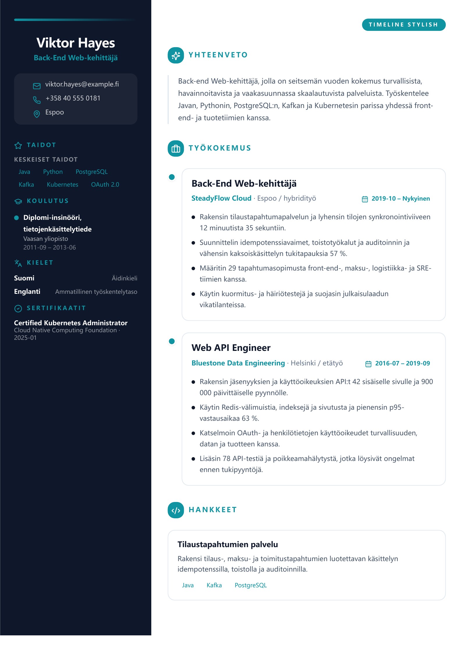 Back-End Web-kehittäjän CV - suomalainen esimerkki