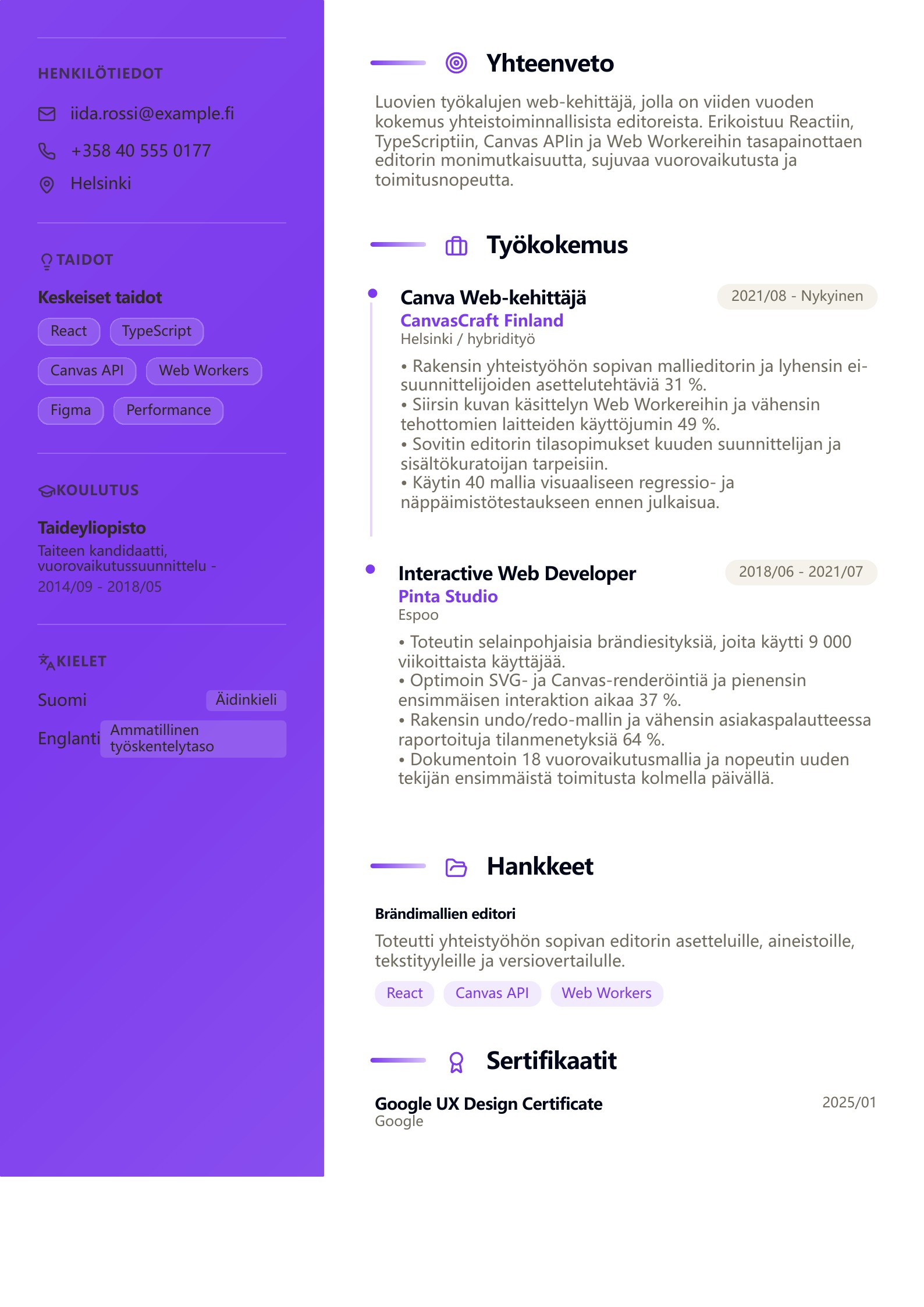 Canva Web-kehittäjän CV - suomalainen esimerkki