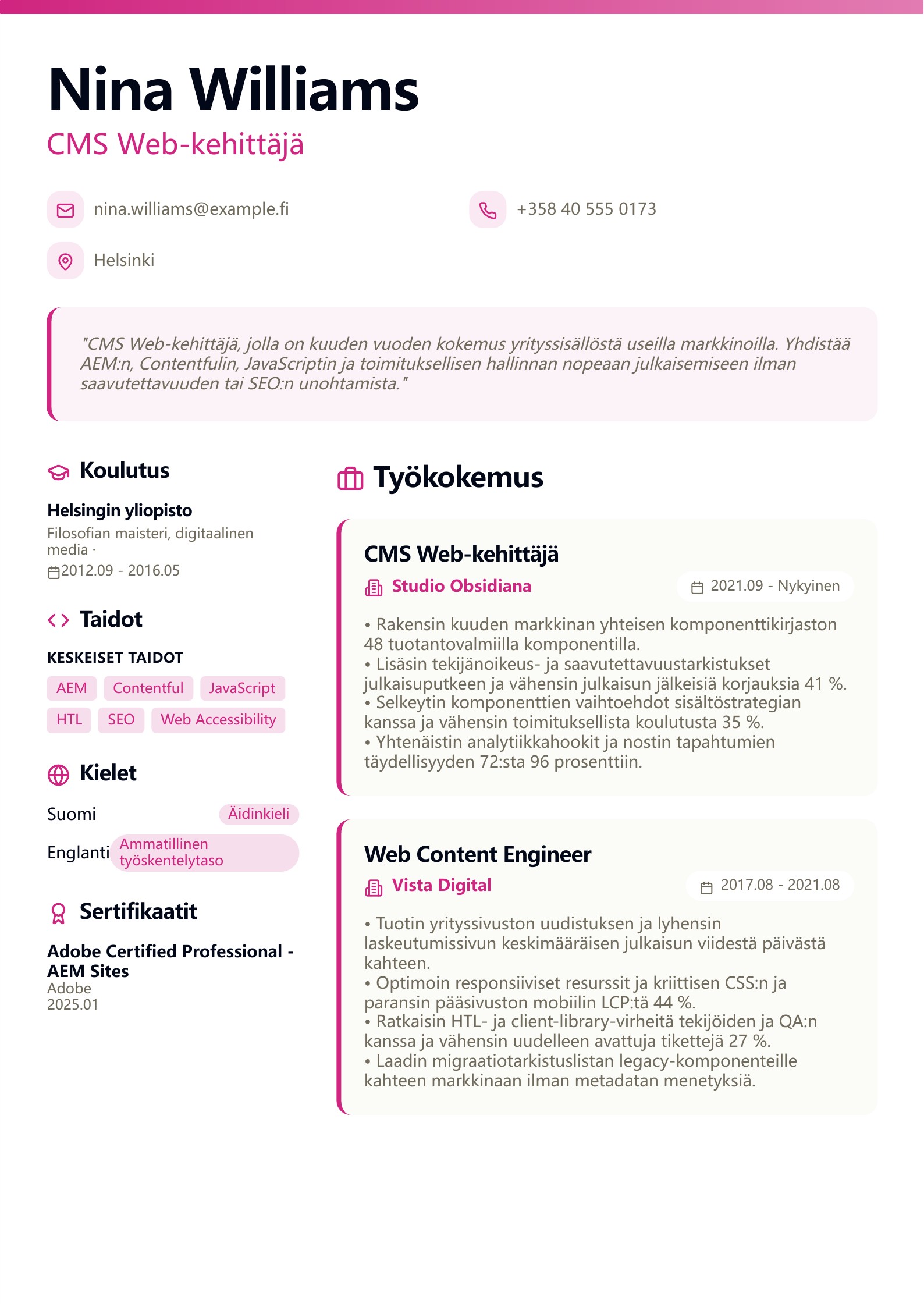 CMS Web-kehittäjän CV - suomalainen esimerkki