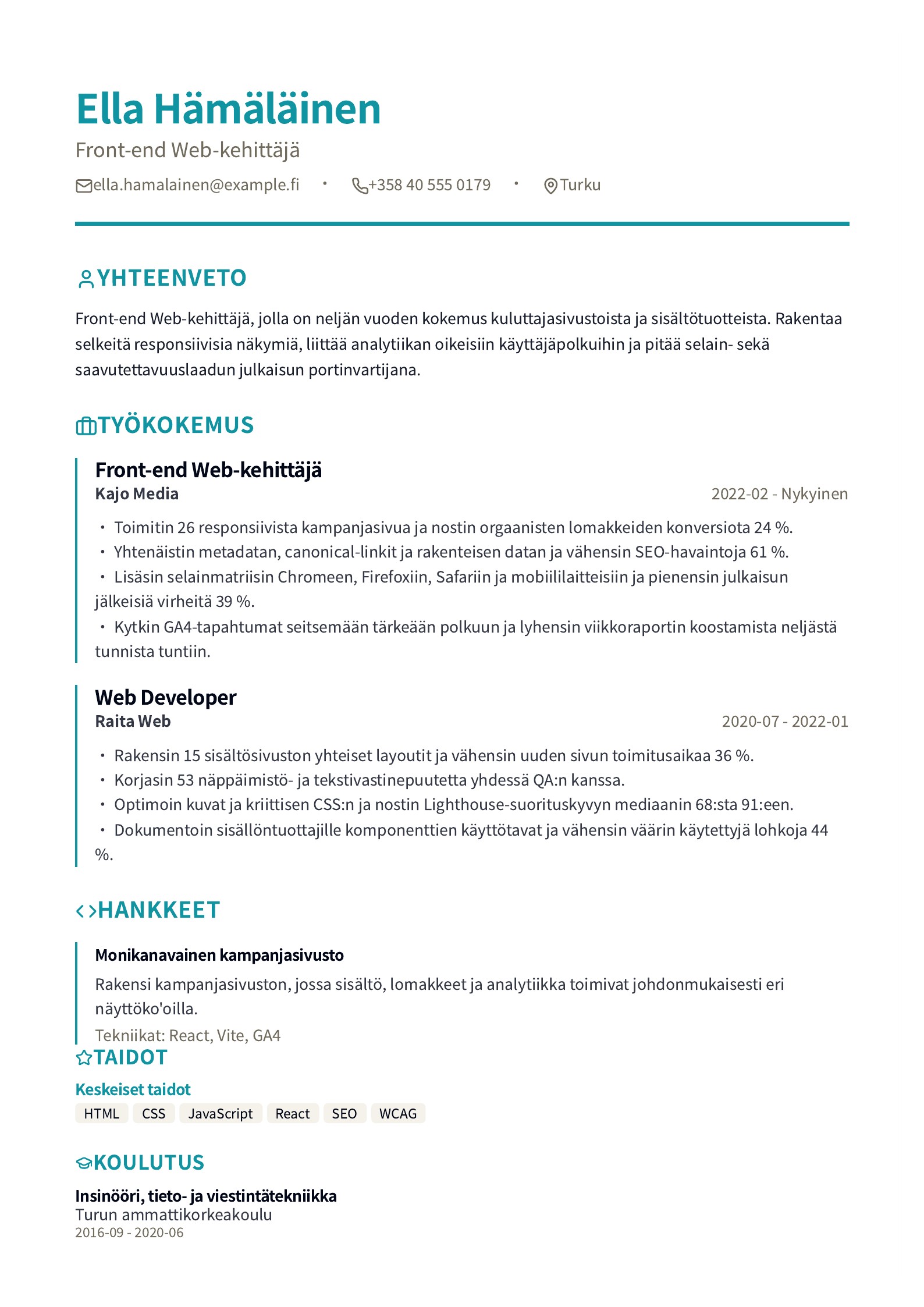 Front-end Web-kehittäjän CV - suomalainen esimerkki