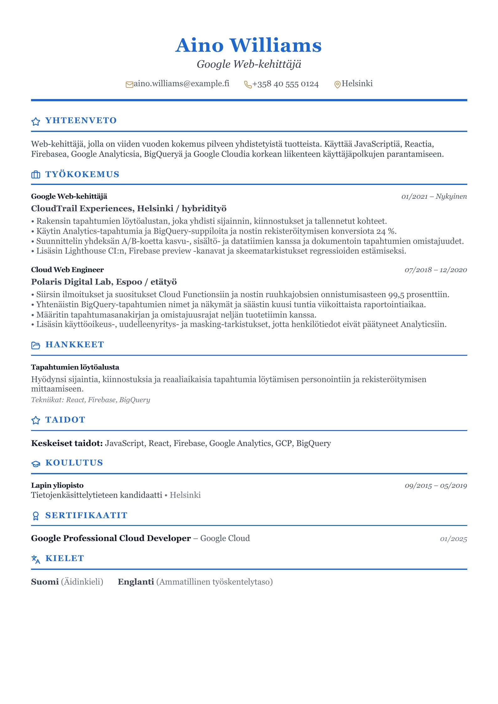 Google Web-kehittäjän CV - suomalainen esimerkki