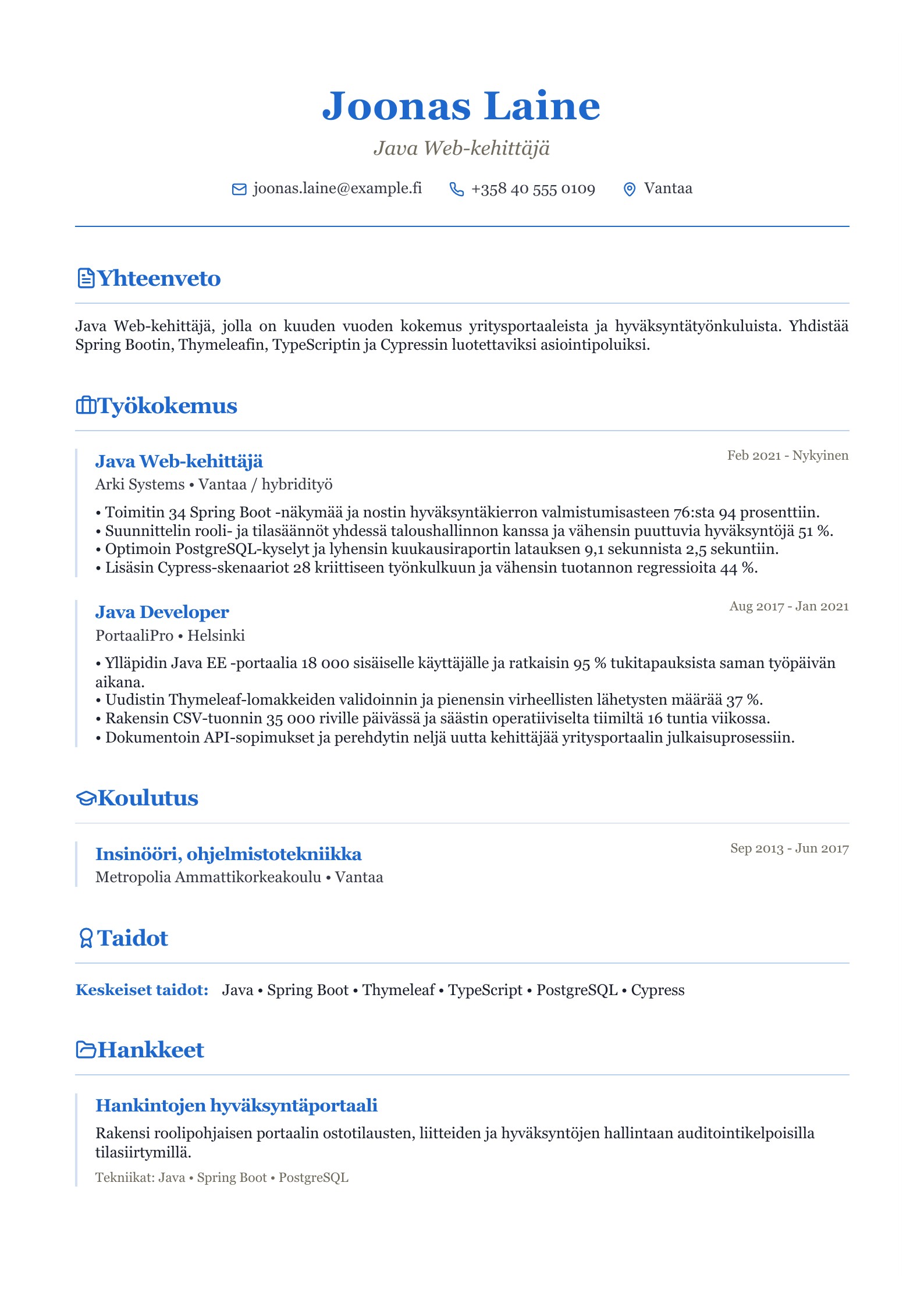 Java Web-kehittäjän CV - suomalainen esimerkki