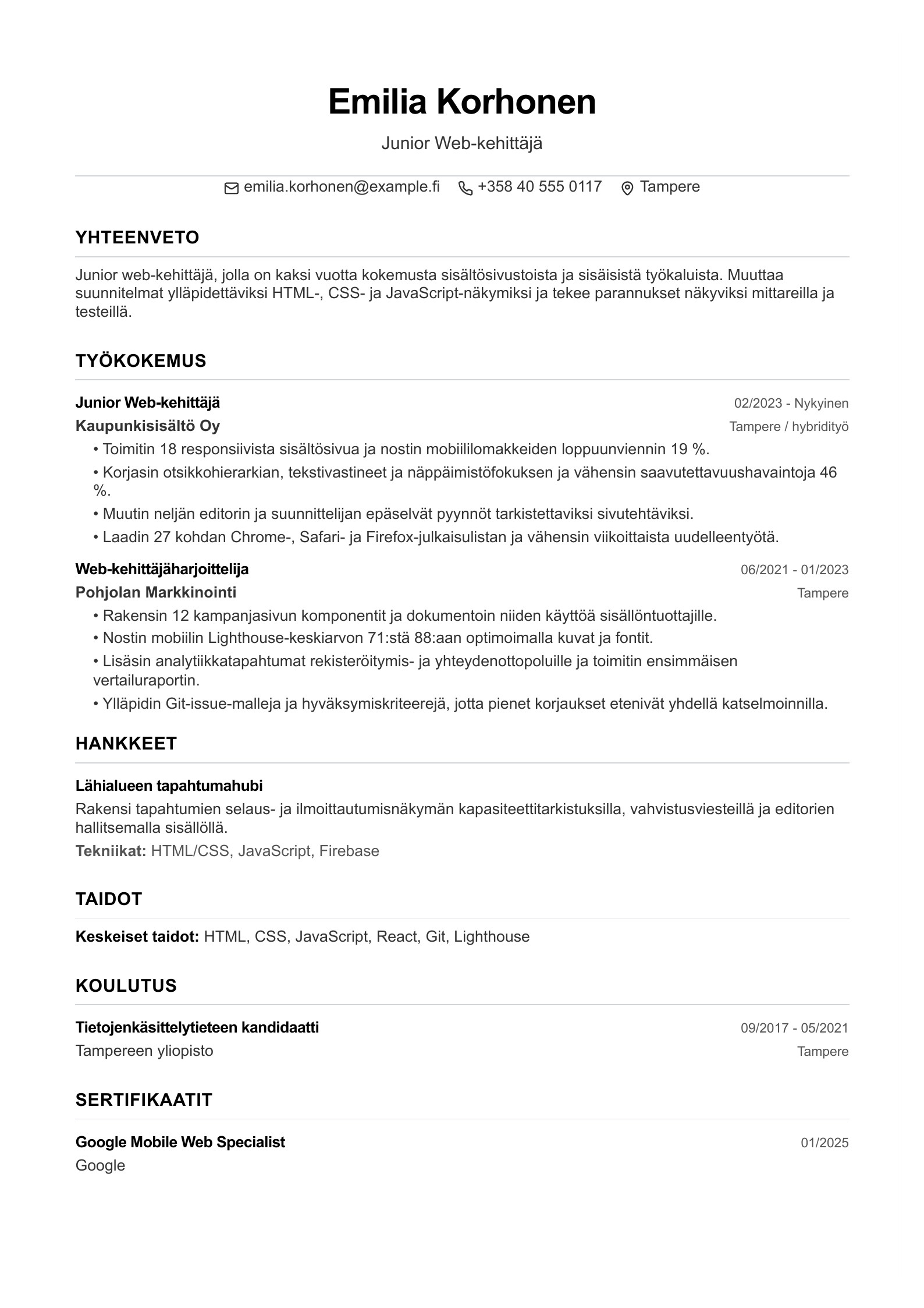Junior Web-kehittäjän CV - suomalainen esimerkki