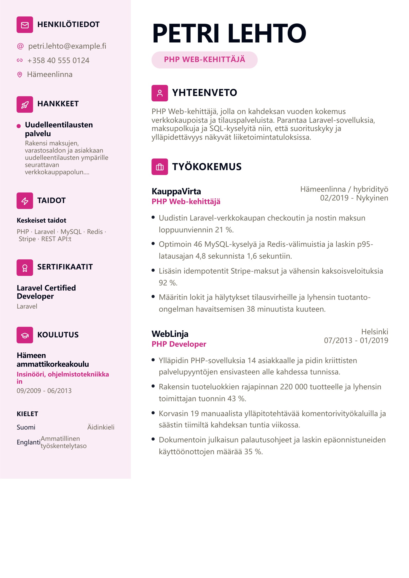 PHP Web-kehittäjän CV - suomalainen esimerkki