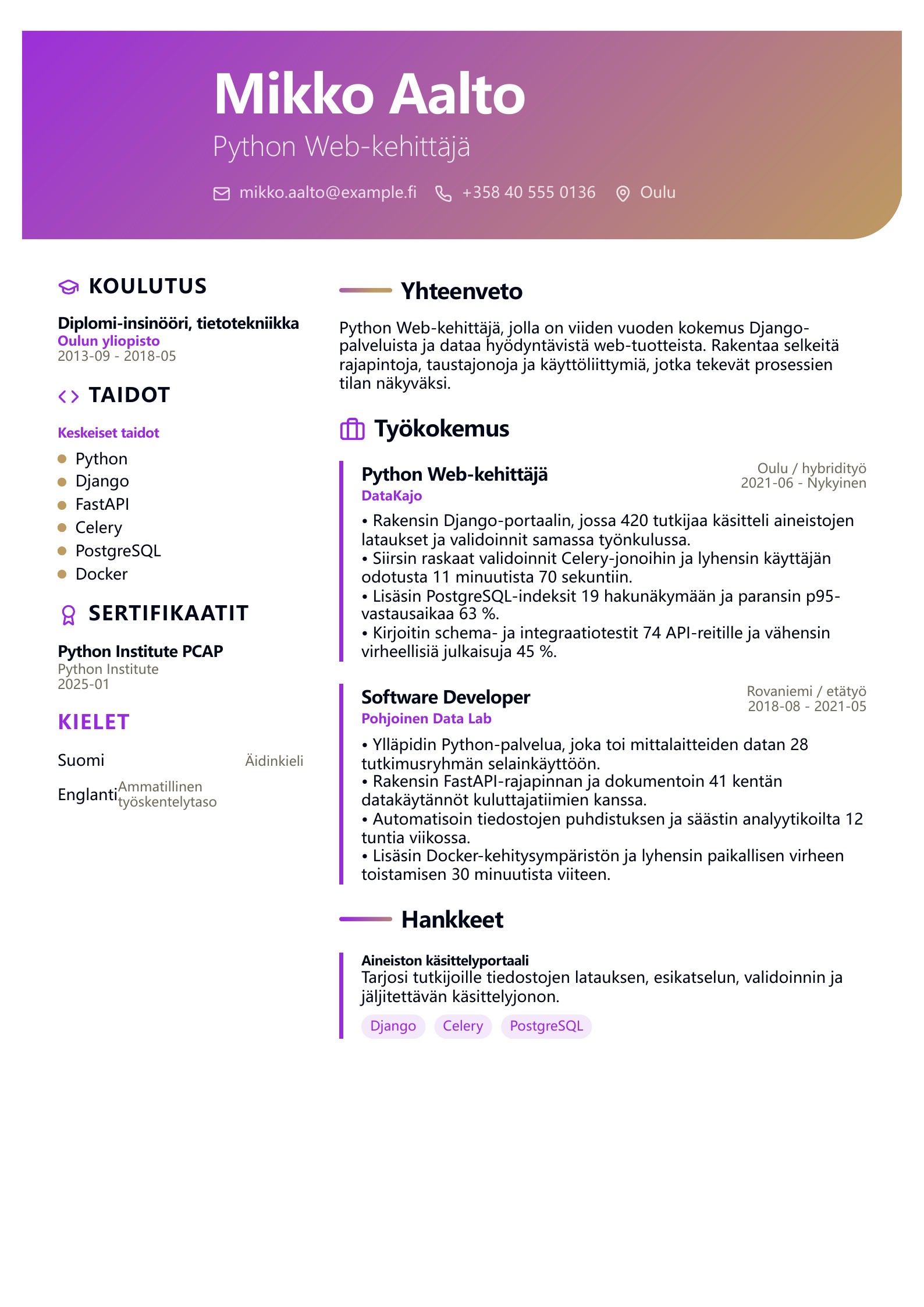 Python Web-kehittäjän CV - suomalainen esimerkki