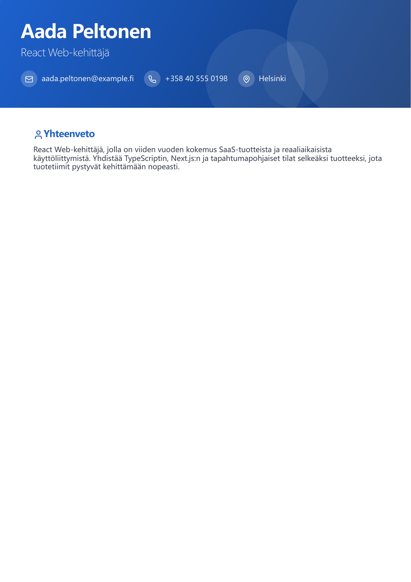 React Web-kehittäjän CV - suomalainen esimerkki