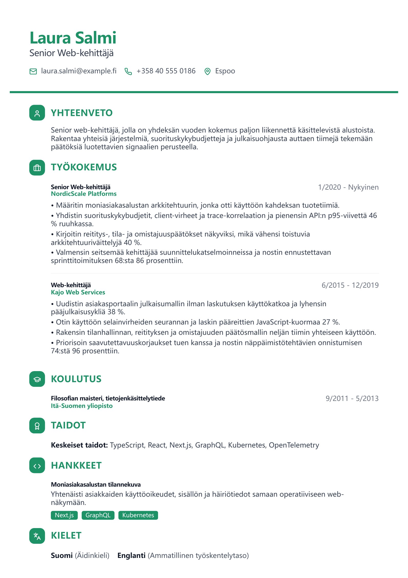 Senior Web-kehittäjän CV - suomalainen esimerkki