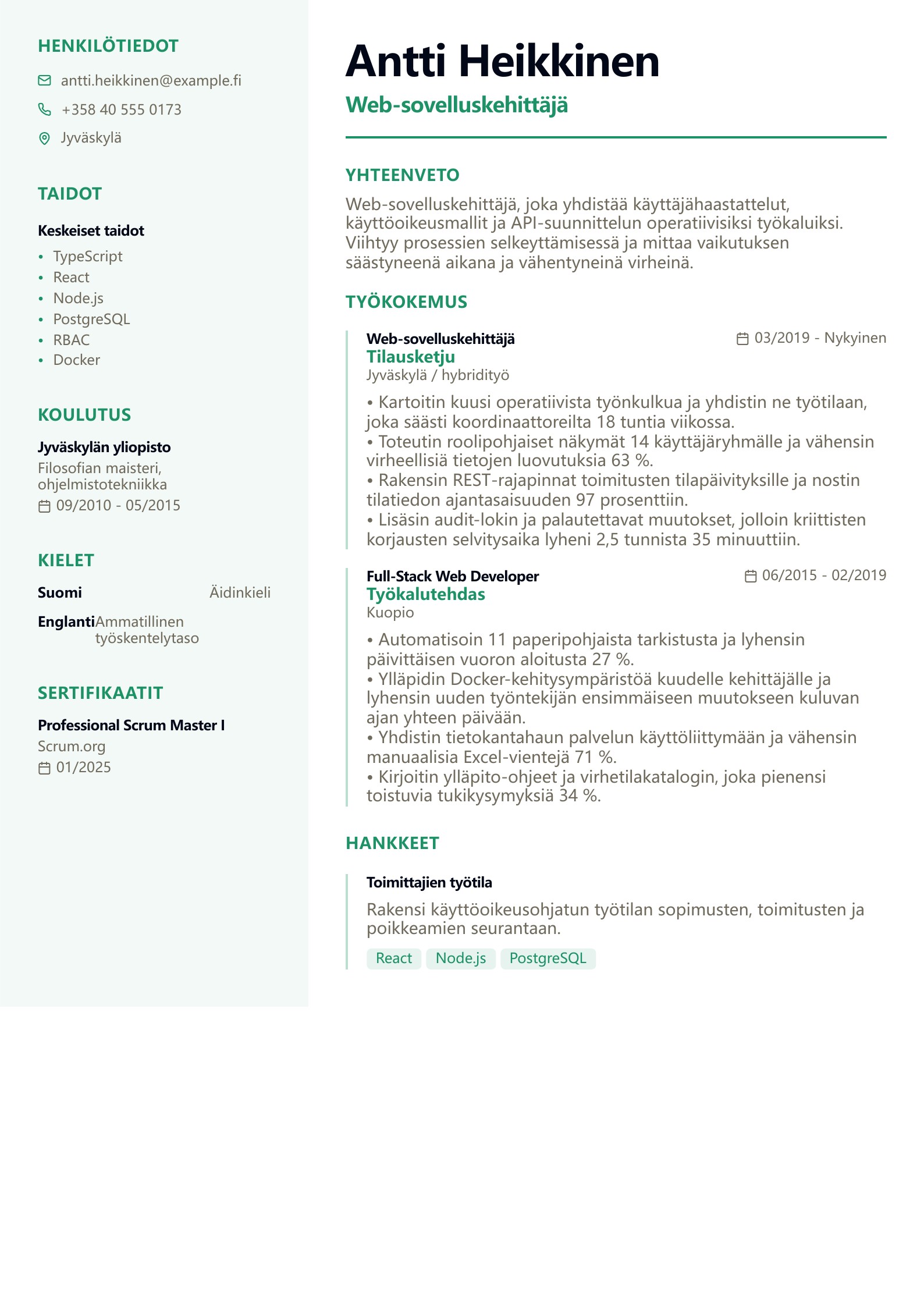 Web-sovelluskehittäjän CV - suomalainen esimerkki