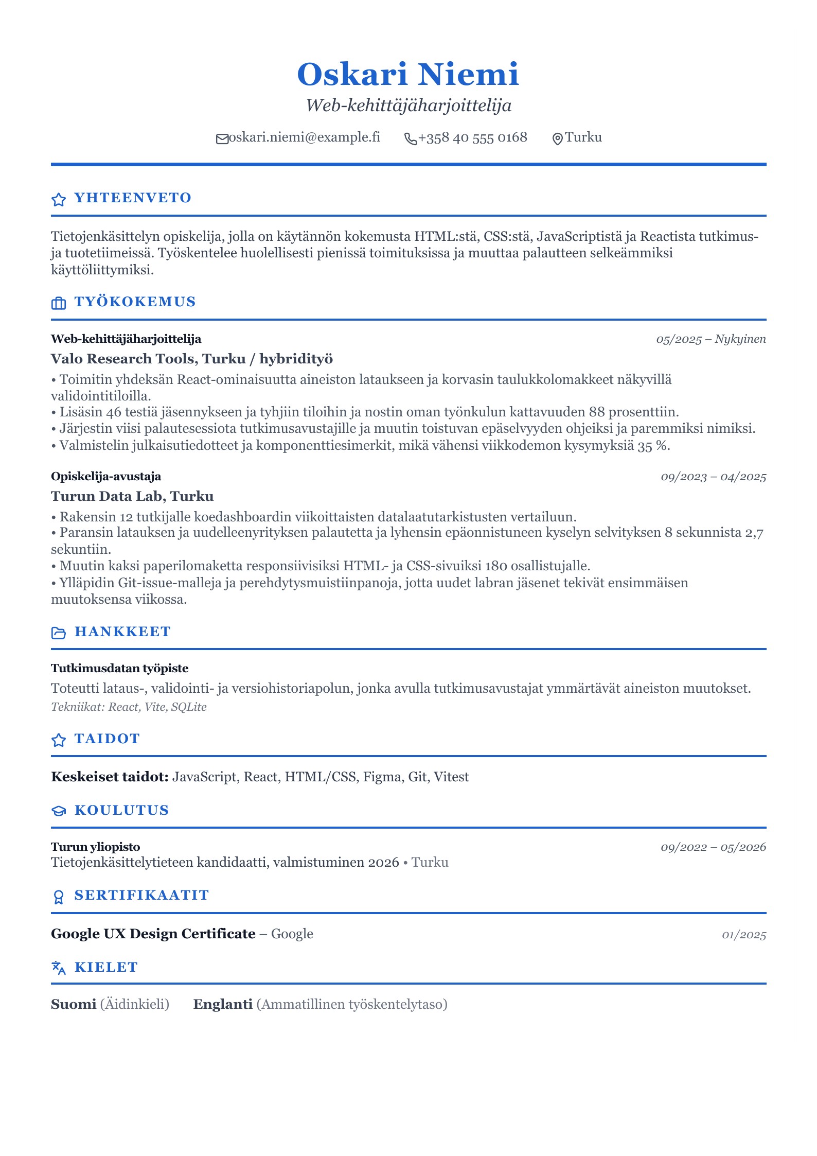 Web-kehittäjäharjoittelijan CV - suomalainen esimerkki