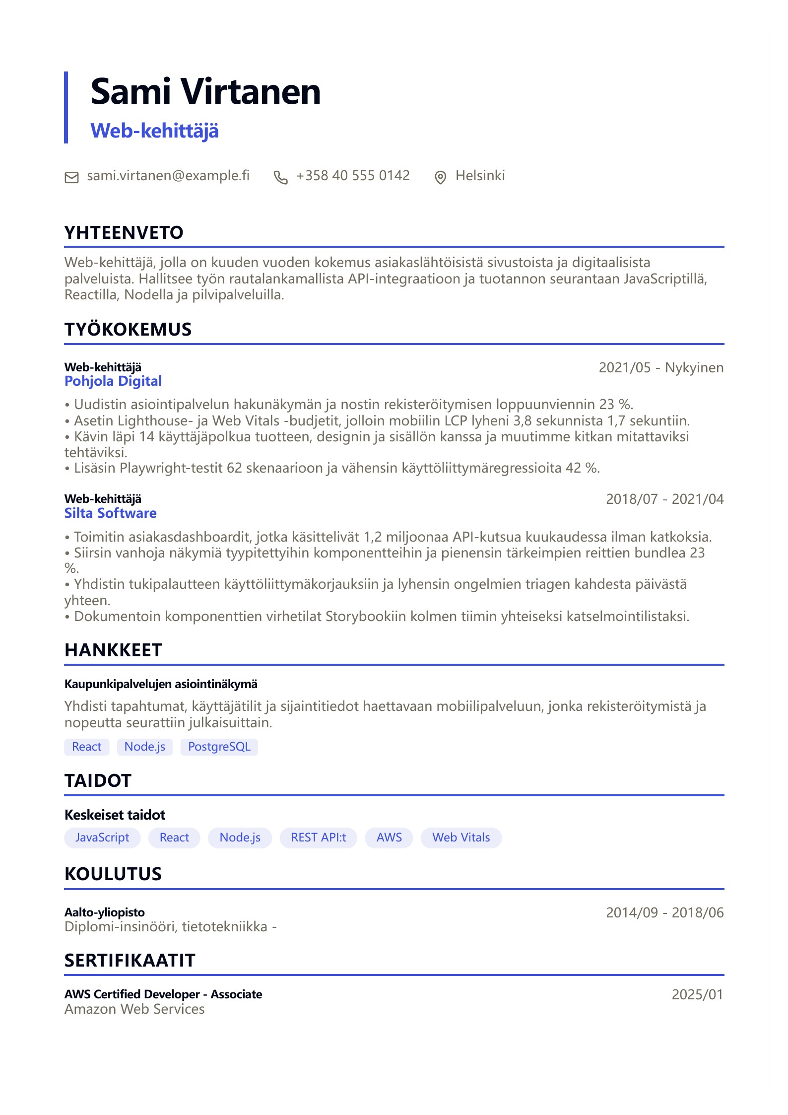 Web-kehittäjän CV - suomalainen esimerkki