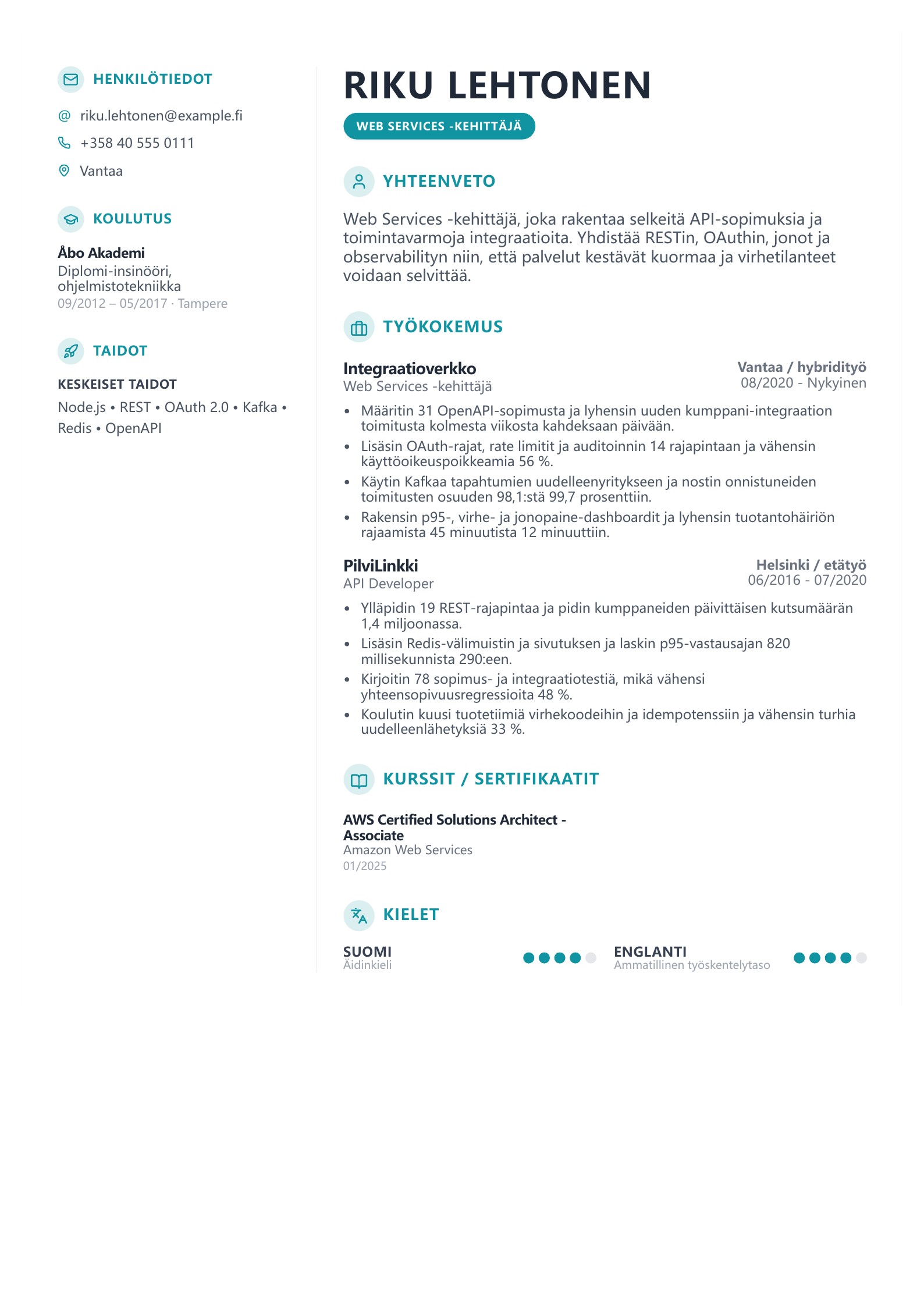 Web Services -kehittäjän CV - suomalainen esimerkki