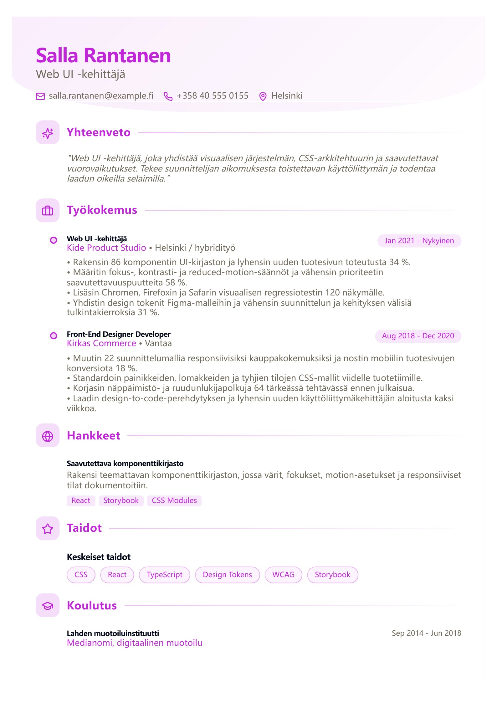 Web UI -kehittäjän CV - suomalainen esimerkki