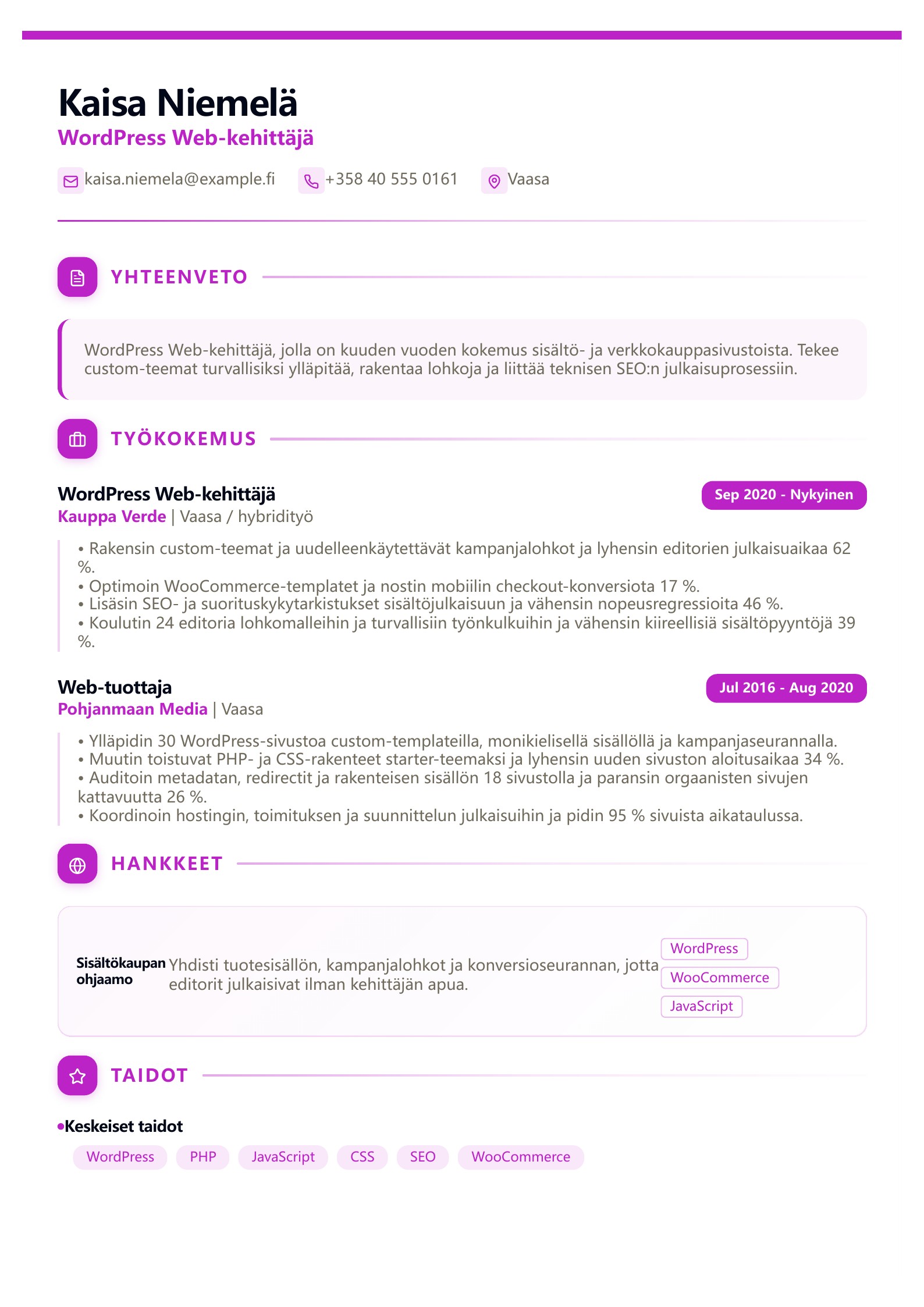 WordPress Web-kehittäjän CV - suomalainen esimerkki